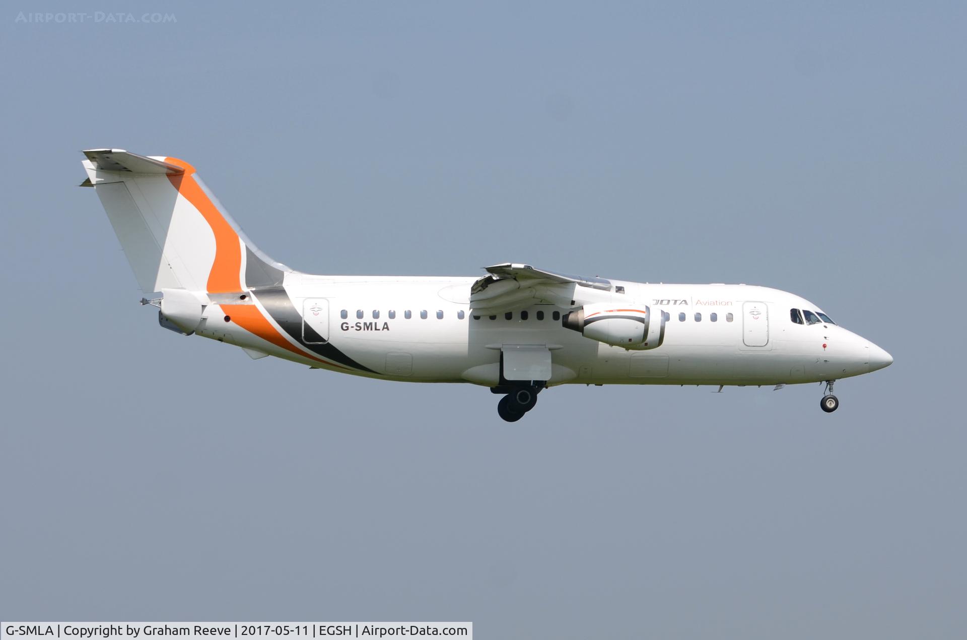G-SMLA, 1985 British Aerospace BAe.146-200 C/N E2047, Landing at Norwich.