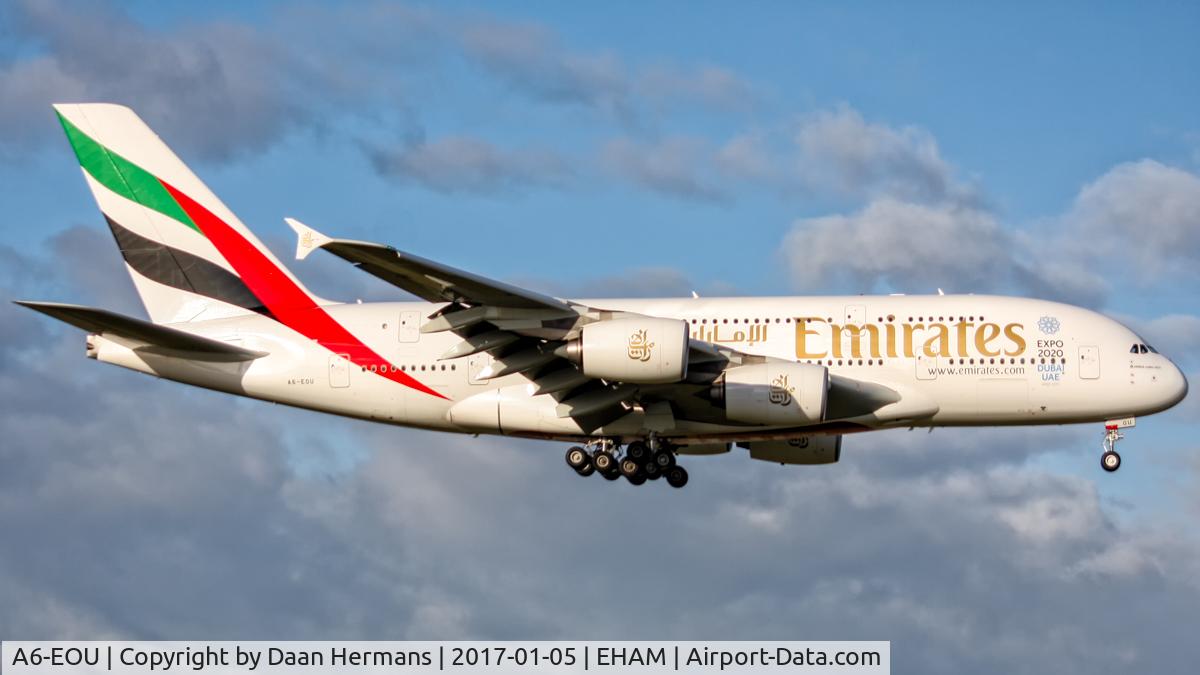 A6-EOU, 2015 Airbus A380-861 C/N 205, Emirates A380-800 on final for the ''Kaagbaan'' at EHAM!