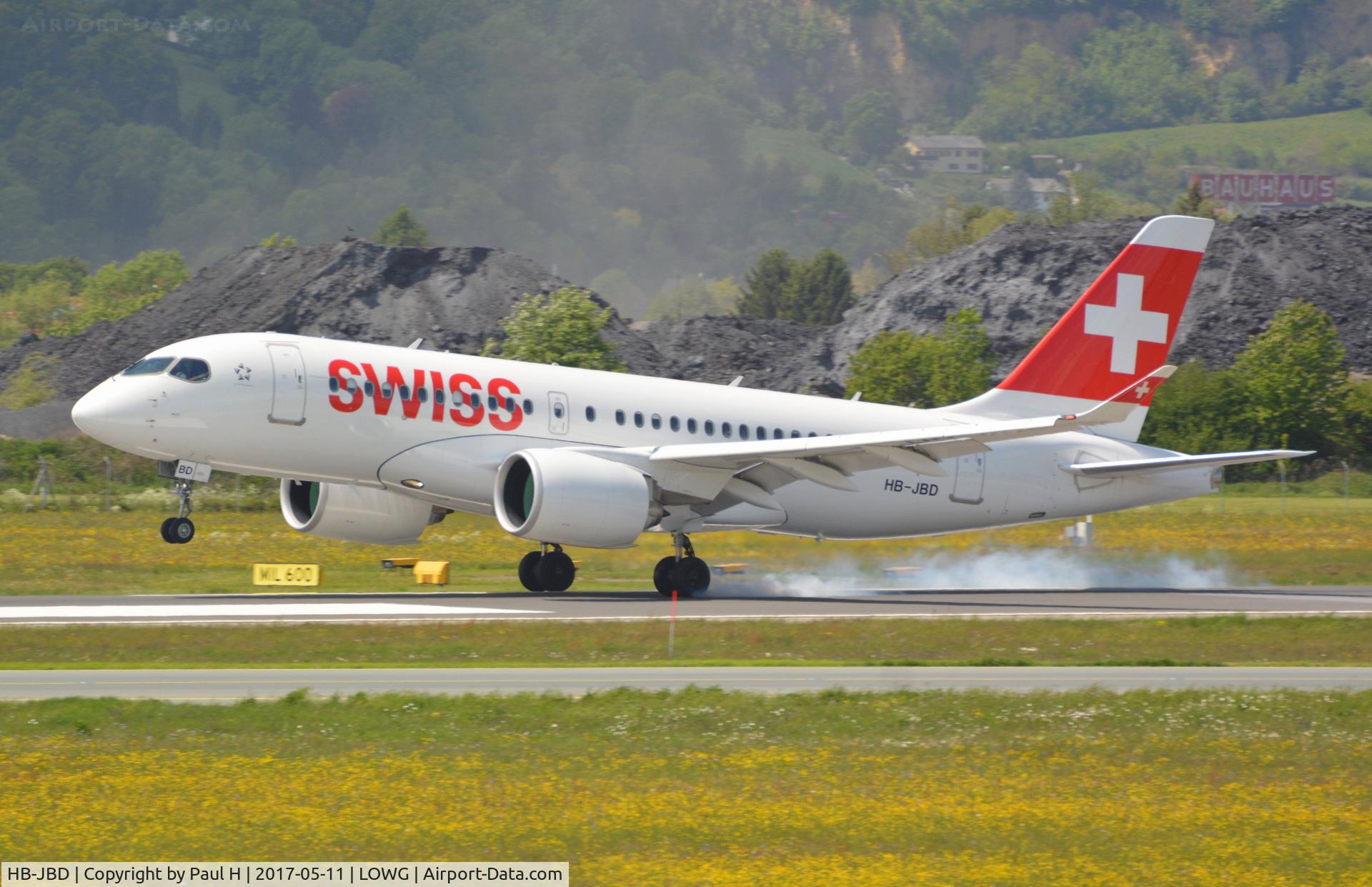 HB-JBD, 2016 Bombardier CSeries CS100 (BD-500-1A10) C/N 50013, CS100 from Swiss, performing a touch-and-go at LOWG. Pilot flight training