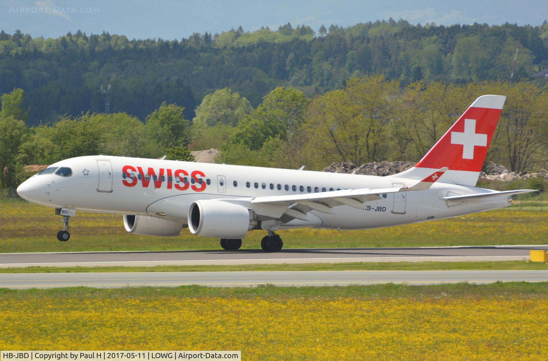 HB-JBD, 2016 Bombardier CSeries CS100 (BD-500-1A10) C/N 50013, CS100 from SWISS, performing a touch-and-go at LOWG, pilot flight training