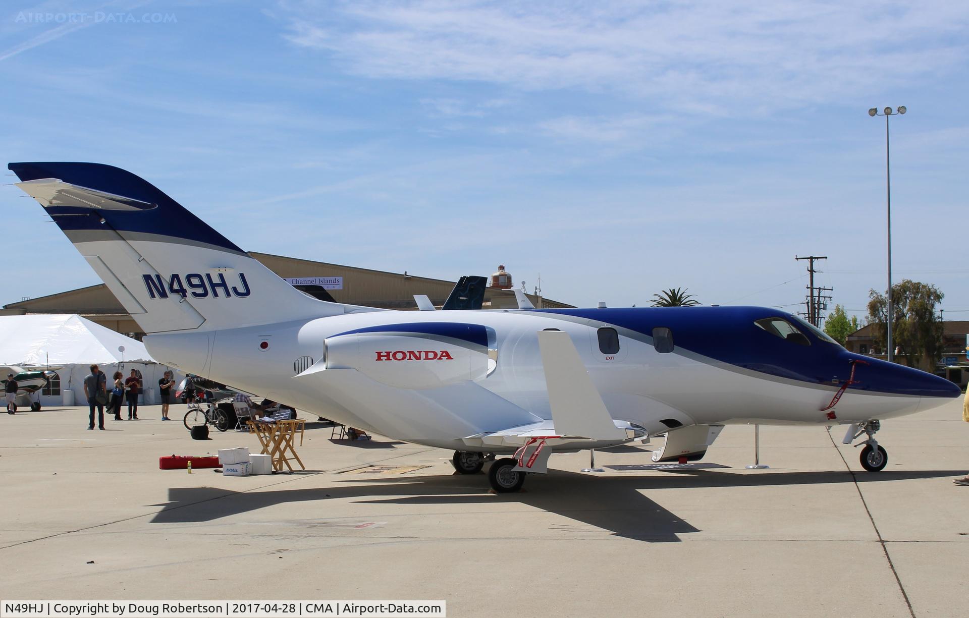 N49HJ, 2016 Honda HA-420 HondaJet C/N 42000049, 2016 Honda HA-420 HONDAJET, two GE-Honda HF-120 podded turbofans, 1,880 lb st each with FADEC, Max level speed at FL300 483 mph, max ROC at S/L 3,990 ft/min. At AOPA FLY-IN.