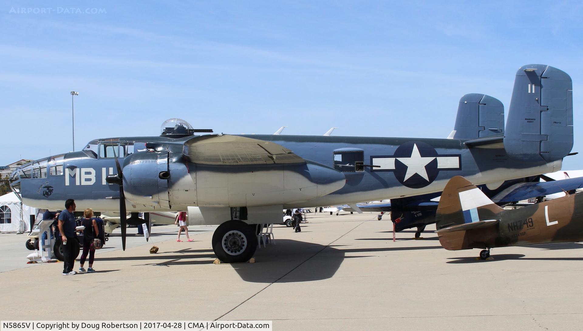 N5865V, 1945 North American B-25J Mitchell Mitchell C/N 108-34263, 1945 North American PBJ-1J 'Semper Fi', 2 Wright Cyclone R-2600-R9 1,700 Hp each. World's sole remaining flying example. US Marine Corps Okinawa battle of 1945 used PBJs. Limited class. CMA-based CAF asset. At AOPA FLY-IN.