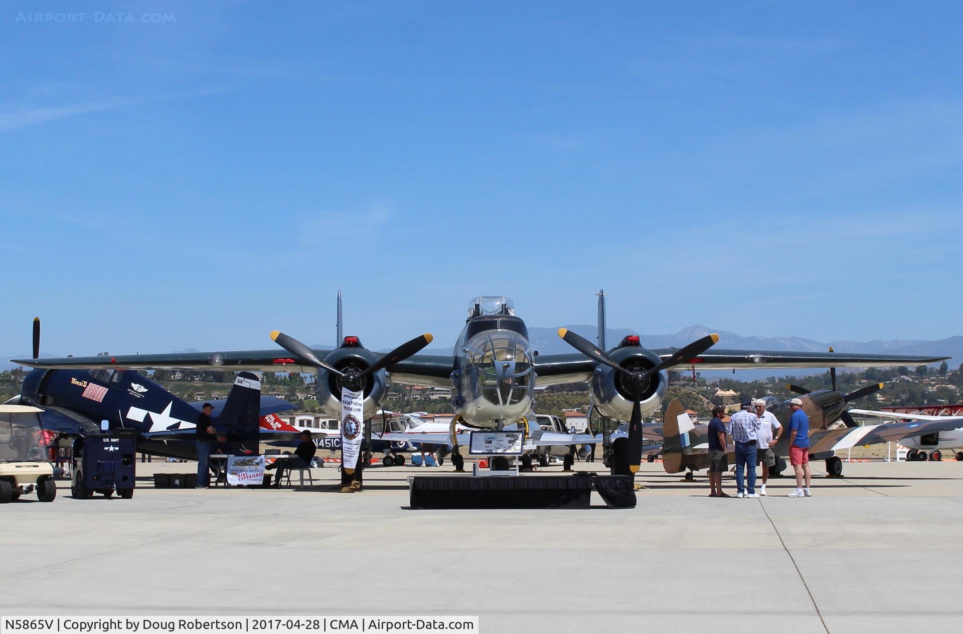 N5865V, 1945 North American B-25J Mitchell Mitchell C/N 108-34263, 1945 North American PBJ-1J 'Semper Fi', two Wright Cyclone R-2600-R9 1,700 Hp each. World's SOLE remaining flying example. USMC pilots flew PBJs in 1945 Okinawa battle WWII. SOCAL CAF asset at CMA. NOT A B25J! At AOPA FLY-IN