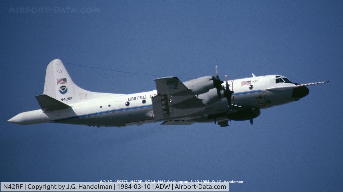 N42RF, 1975 Lockheed WP-3D Orion C/N 5622, Departing NAF Washington 3-10-1084.