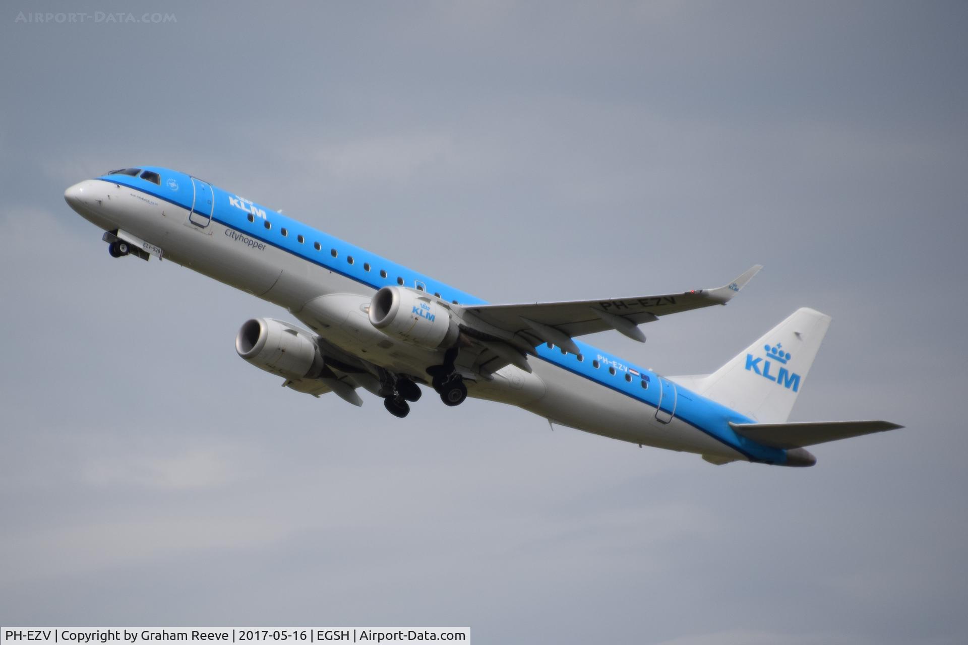 PH-EZV, 2012 Embraer 190LR (ERJ-190-100LR) C/N 19000528, Departing from Norwich.