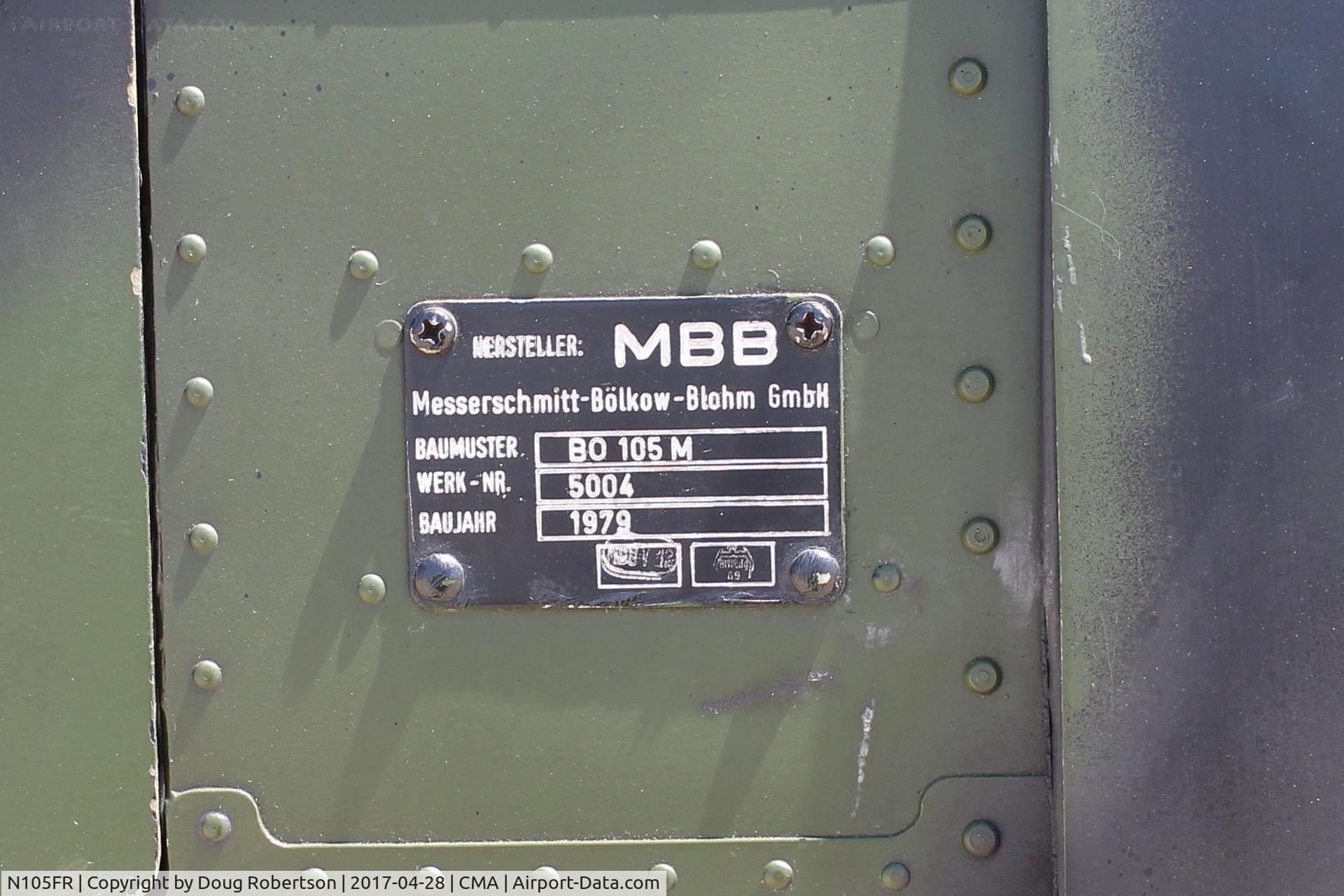 N105FR, 1979 MBB Bo.105M C/N 5004, 1979 Messerschmitt-Bolkow-Blohm Gmbh, BO 105M, turboshaft power, experimental class, Mojave-based, Data Plate, at AOPA-FLY-IN