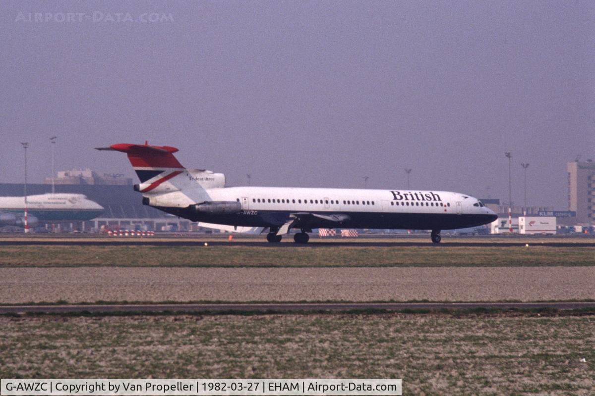 G-AWZC, 1971 Hawker Siddeley HS-121 Trident 3B-101 C/N 2304, British Airways Hawker Siddeley Trident 3B landing at Schiphol airport, the Netherlands, 1982