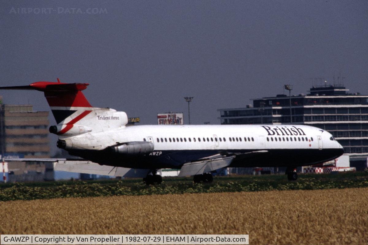 G-AWZP, 1971 Hawker Siddeley HS-121 Trident 3B-101 C/N 2317, British Airways Hawker Siddeley Trident 3B landing at Schiphoil airport, the Netherlands, 1982