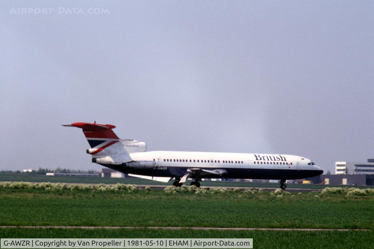 G-AWZR, 1971 Hawker Siddeley HS-121 Trident 3B-101 C/N 2318, British Airways Hawker Siddeley Trident 3B landing at Schiphol airport, the Netherlands, 1981
