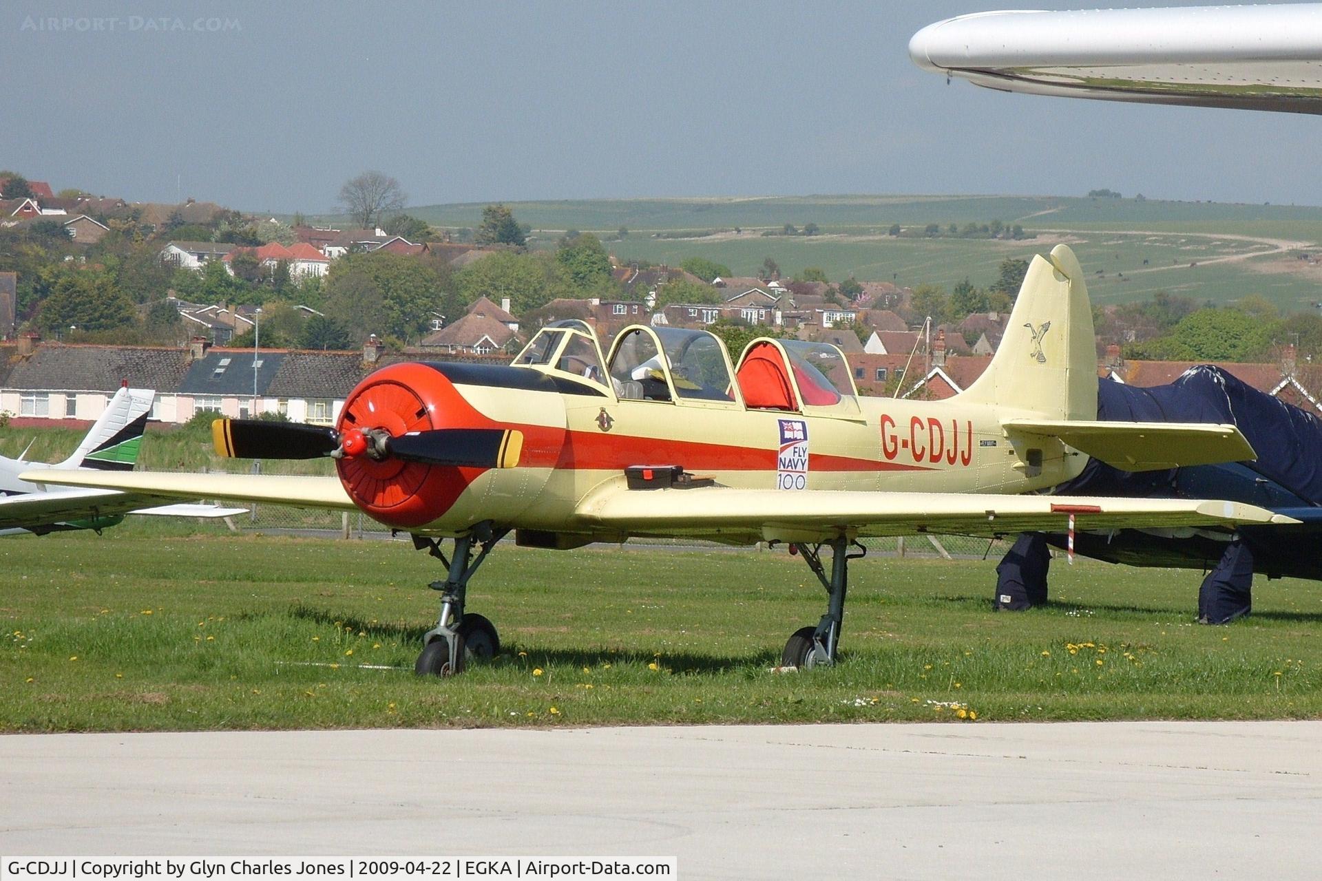 G-CDJJ, 1989 Bacau Yak-52 C/N 899912, Previously LY-AQI. 'JM' title replaced by a Hawk and 'Fly Navy' sticker added.