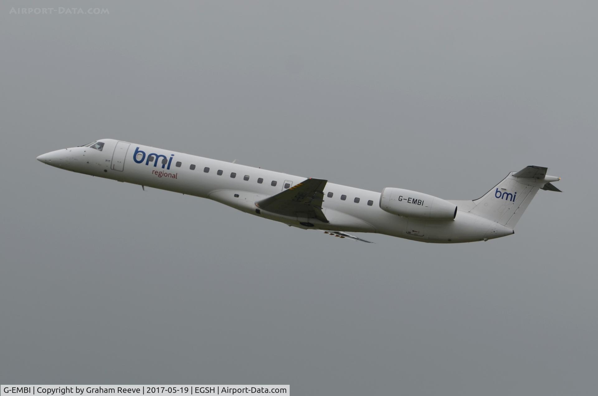 G-EMBI, 1999 Embraer EMB-145EU (ERJ-145EU) C/N 145126, Departing from Norwich.