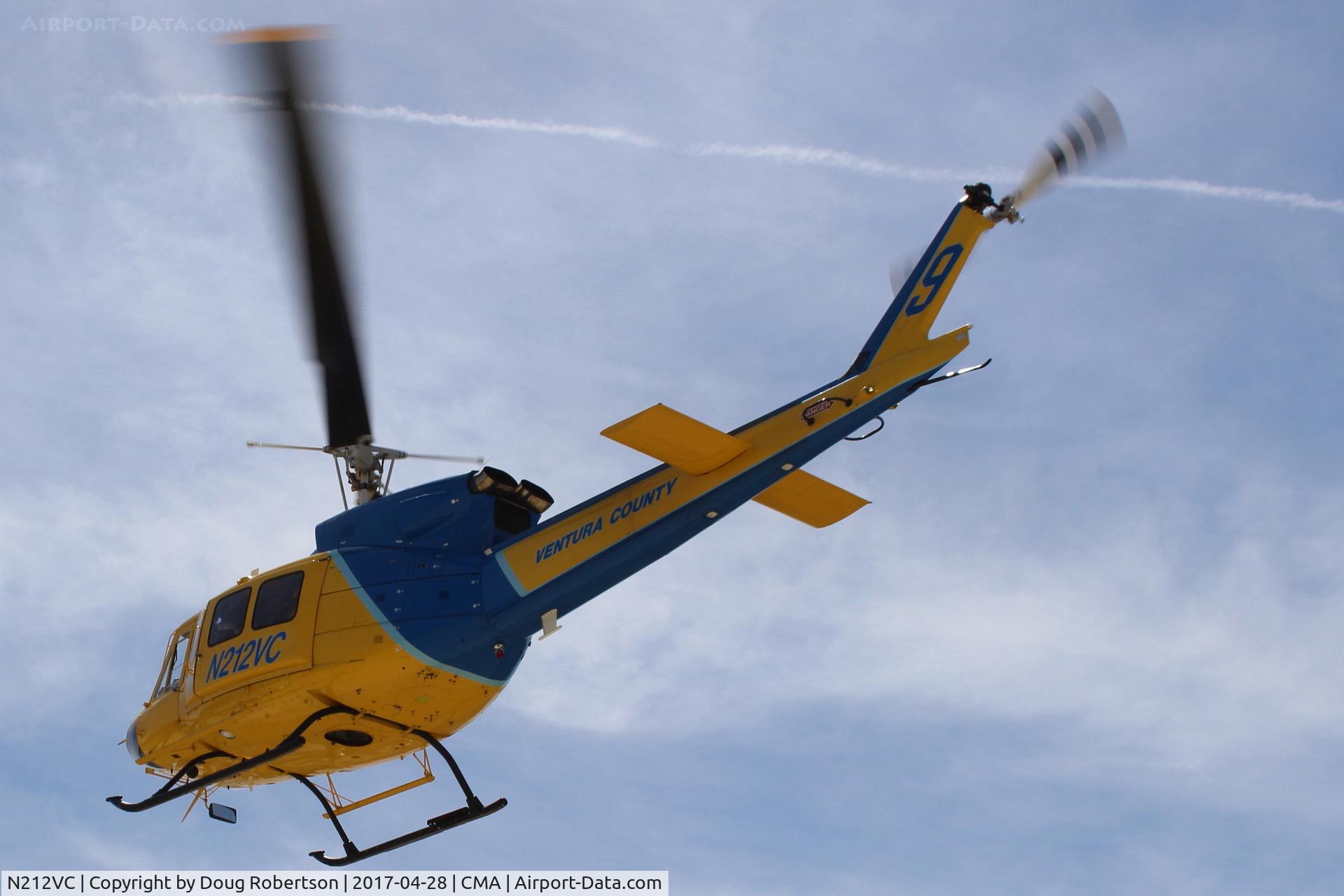 N212VC, 1975 Bell 212 C/N 30693, 1975 Bell 212 Twin Two-Twelve, one 1,800 sHp derated to 1,290 sHp PT6T-3 or PT6T-3B Turbo Twin Pac driving single output shaft driving main & tail rotor. Ventura County's Sheriff's #9 approach to landing