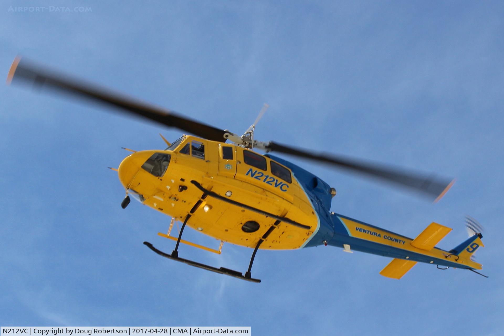 N212VC, 1975 Bell 212 C/N 30693, 1975 Bell 212 Twin Two-Twelve, one 1,800 sHp derated to 1,290 sHp PT6T-3 or PT6T-3B Turbo twin Pac comprising two coupled PT6 turboshafts driving both main & tail rotor. VC Sheriff's #9 approach for landing.