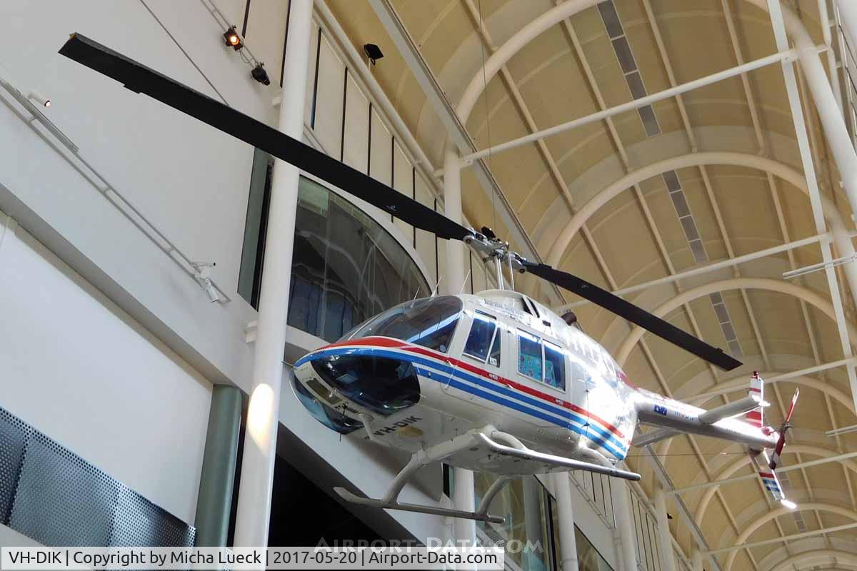 VH-DIK, 1982 Bell 206B JetRanger III C/N 3653, Dick Smith did the first solo round-the-world flight with a helicopter on this JetRanger in 1983. Preserved at the Powerhouse Museum in Sydney.