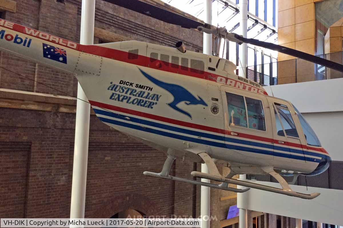 VH-DIK, 1982 Bell 206B JetRanger III C/N 3653, Dick Smith did the first solo round-the-world flight with a helicopter on this JetRanger in 1983. Preserved at the Powerhouse Museum in Sydney.