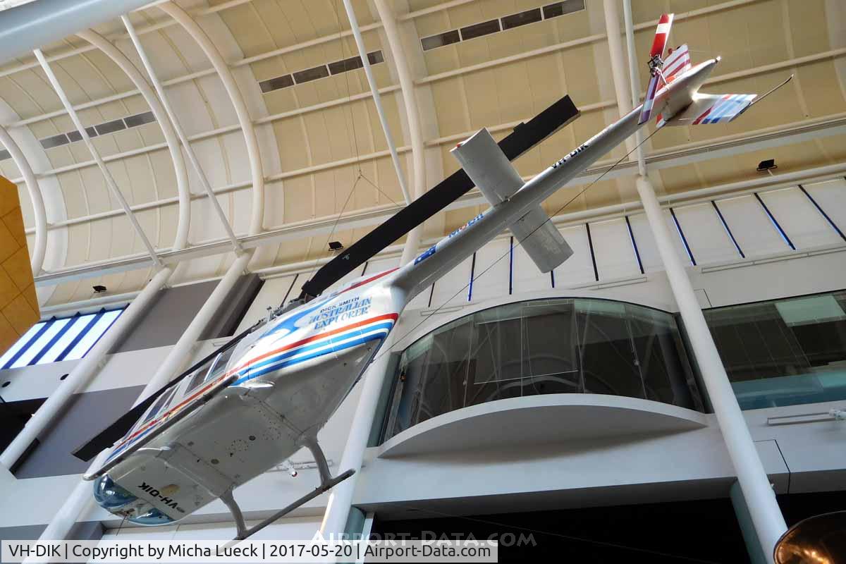 VH-DIK, 1982 Bell 206B JetRanger III C/N 3653, Dick Smith did the first solo round-the-world flight with a helicopter on this JetRanger in 1983. Preserved at the Powerhouse Museum in Sydney.