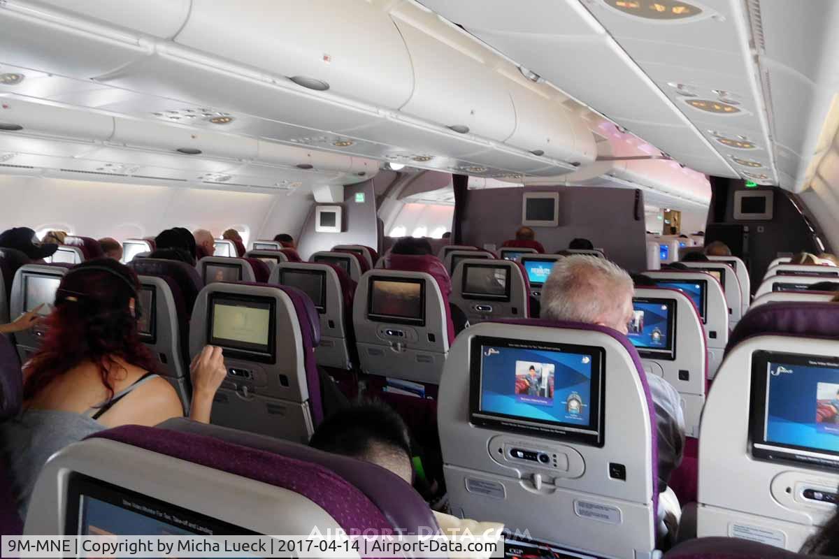 9M-MNE, 2012 Airbus A380-841 C/N 094, The small Y cabin at the rear of the upper deck. Generous seat pitch and storage at the window meant that this is among the most comfortable seats in Y I have been on (KUL-LHR).