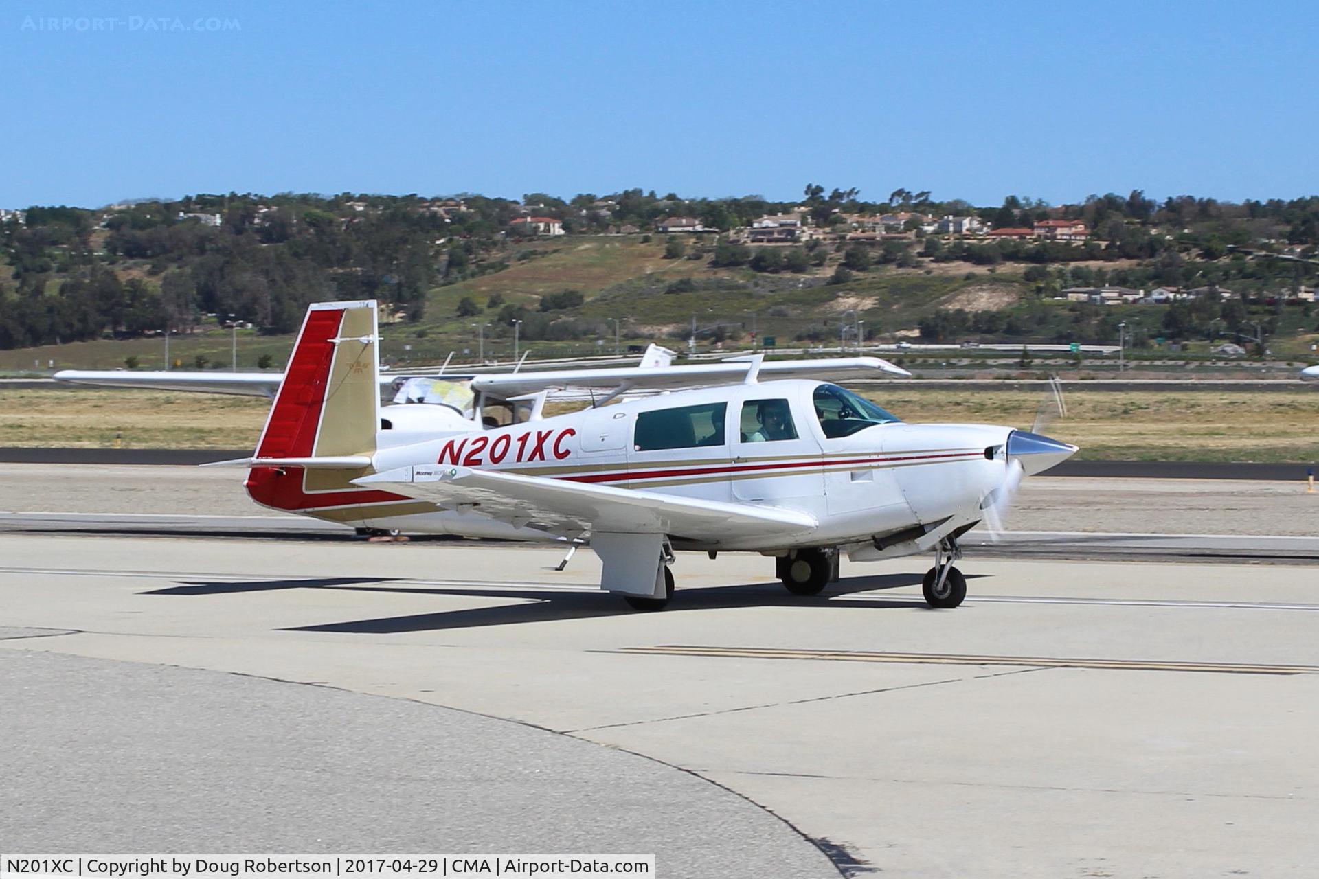 N201XC, 1977 Mooney M20J 201 C/N 24-0346, 1977 Mooney M20J 201, Lycoming IO-360-A1B6D 200 Hp, 1977 production first year of Roy LoPresti's drag-reduction tweaks adding 21 knots to top speed. Taxi at AOPA FLY-IN