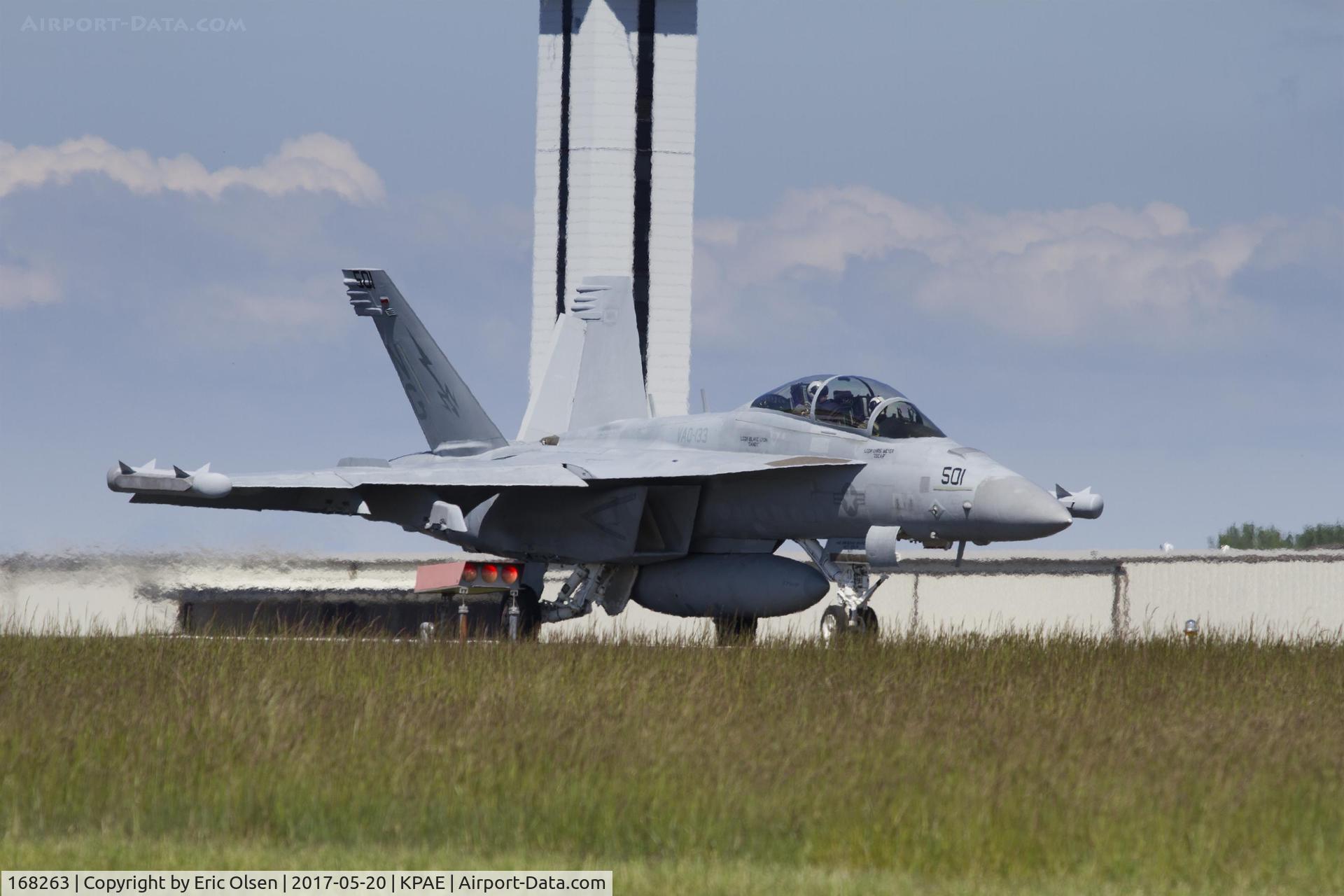 168263, Boeing EA-18G Growler C/N G-45, EA-18G Growler of VAQ-133 taxing to the south end of Paine Field for departure to Whidbey NAS.