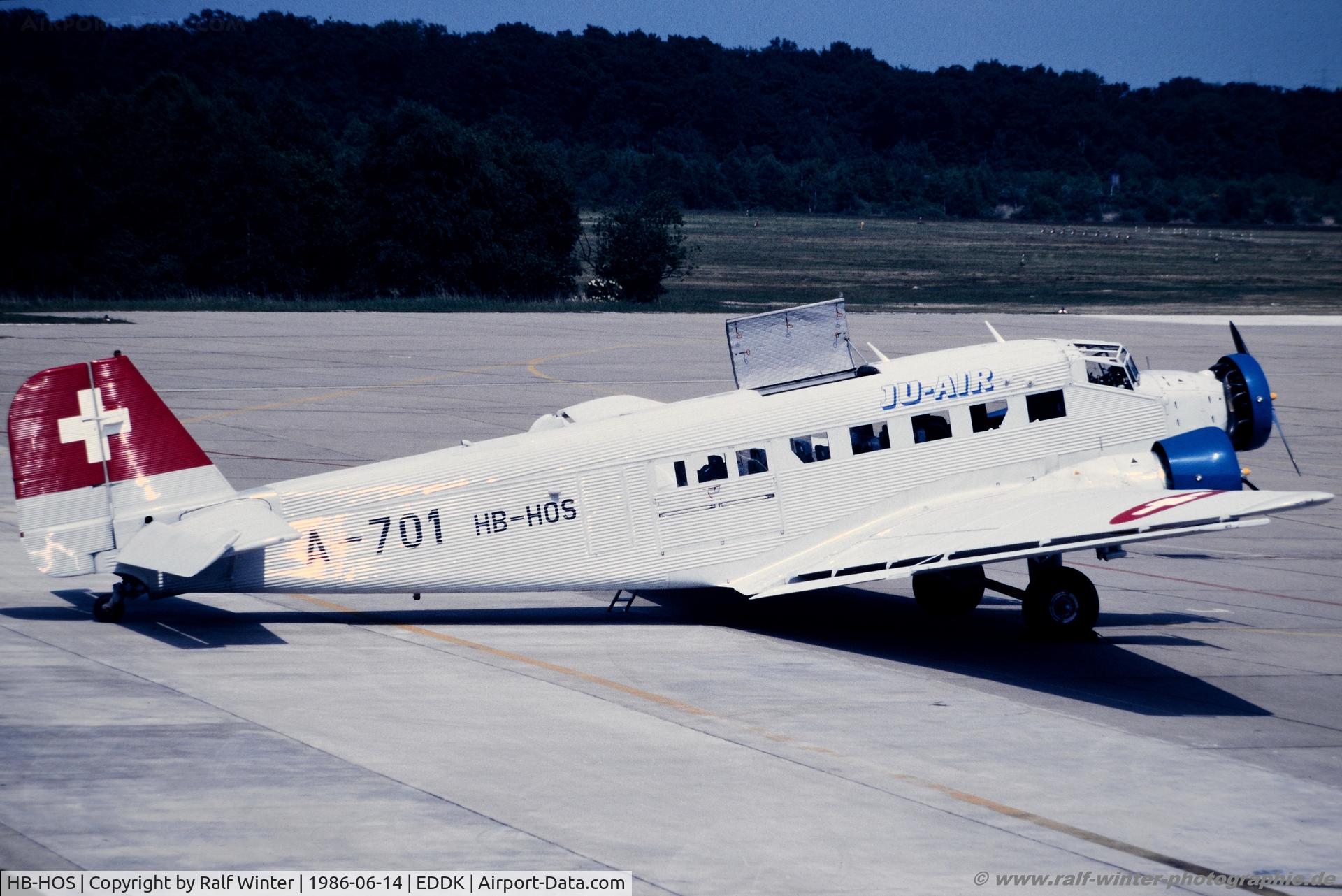 HB-HOS, 1939 Junkers Ju-52/3m g4e C/N 6580, Junkers Ju-52.3m g4e - Ju-Air A-701 - HB-HOS - 14.06.1986 - CGN