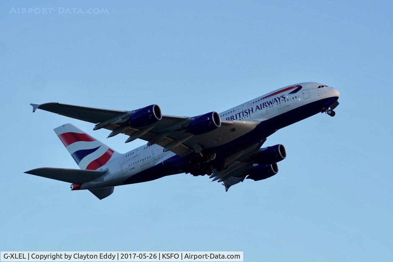 G-XLEL, 2016 Airbus A380-841 C/N 215, Departing SFO for England. 2017.