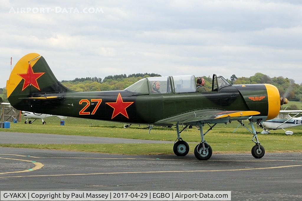 G-YAKX, 1991 Yakovlev (Aerostar) Yak-52 C/N 9111307, @ the Radial&Trainers Fly-In Wolverhampton(Halfpenny Green)Airport. Ex:-RA-44473. Painted as Russian A.F. 27(Red).