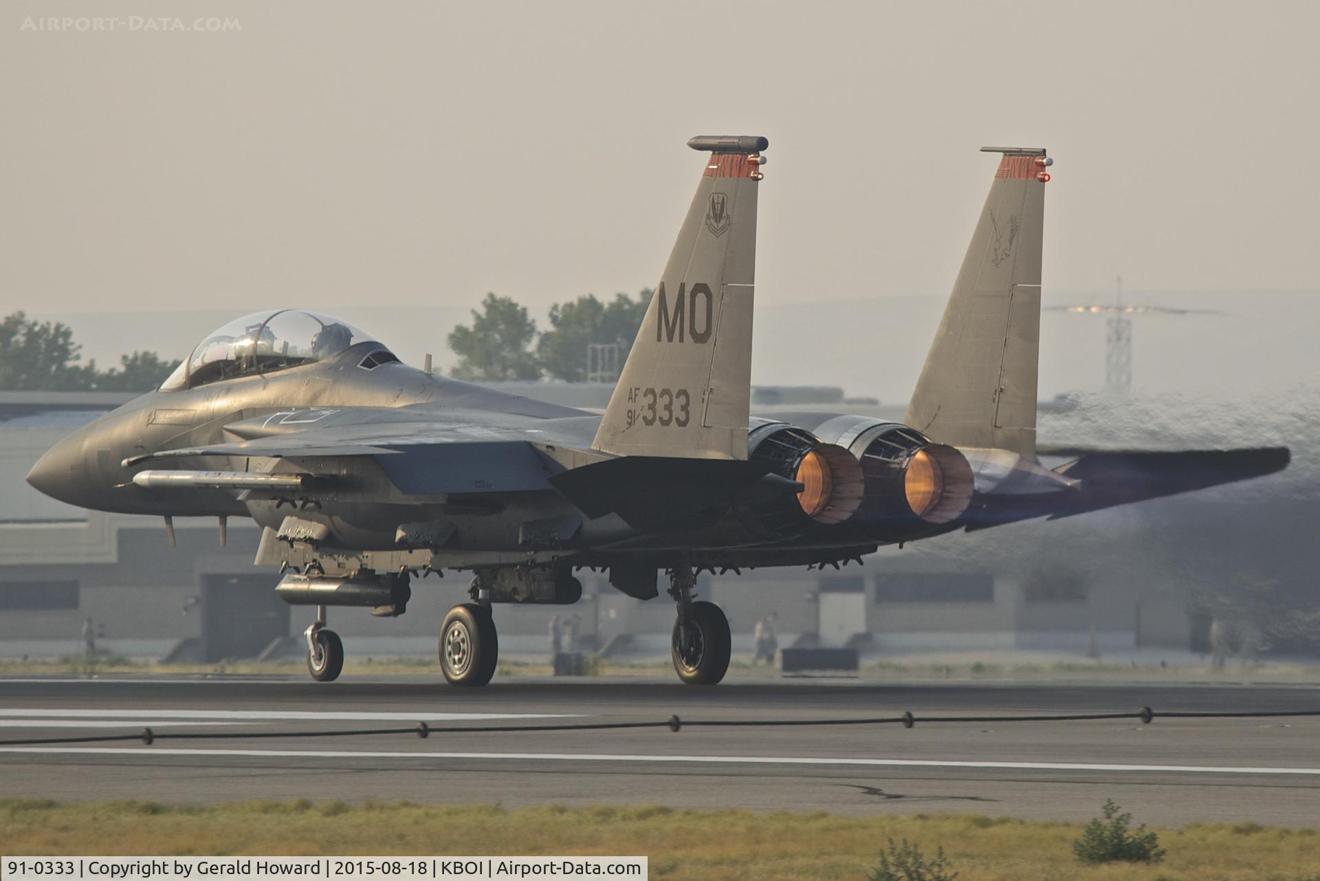 91-0333, 1991 McDonnell Douglas F-15E Strike Eagle Strike Eagle C/N 1240/E198, Take off roll on RWY 10R. 391st Fighter Sq.“Bold Tigers”, 366th Fighter Wing, Mountain Home AFB, Idaho.