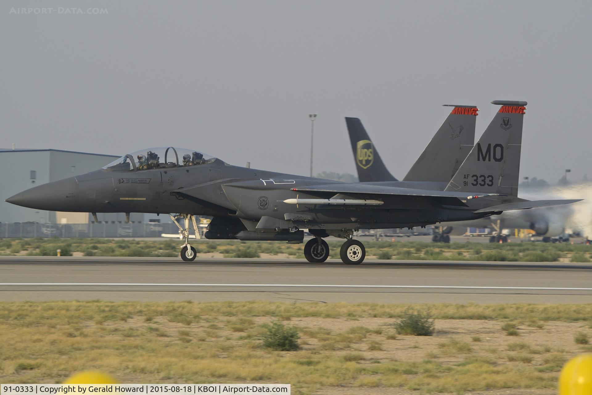 91-0333, 1991 McDonnell Douglas F-15E Strike Eagle Strike Eagle C/N 1240/E198, Starting take off roll on RWY 10R.  391st Fighter Sq.“Bold Tigers”, 366th Fighter Wing, Mountain Home AFB, Idaho.