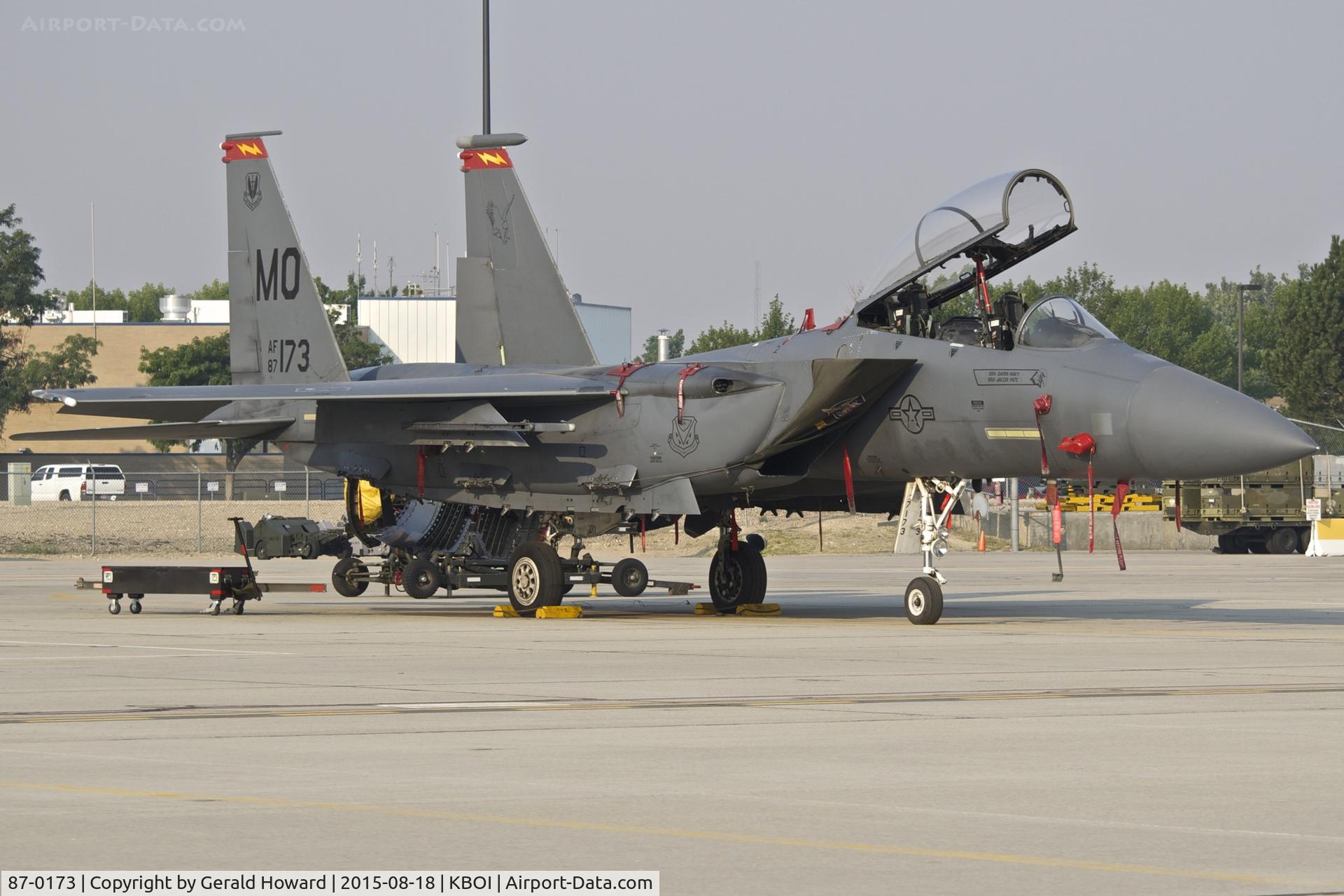 87-0173, 1987 McDonnell Douglas F-15E Strike Eagle C/N 1038/E013, Parked on the Idaho ANG ramp.  389TH Fighter Sq Thunderbolts, 366th Fighter Wing, Mountain Home AFB, Idaho.