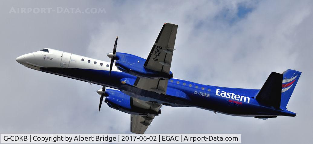 G-CDKB, 1996 Saab 2000 C/N 2000-032, Belfast City.  Eastern Airways Saab 2000 departing to the Isle of Man.