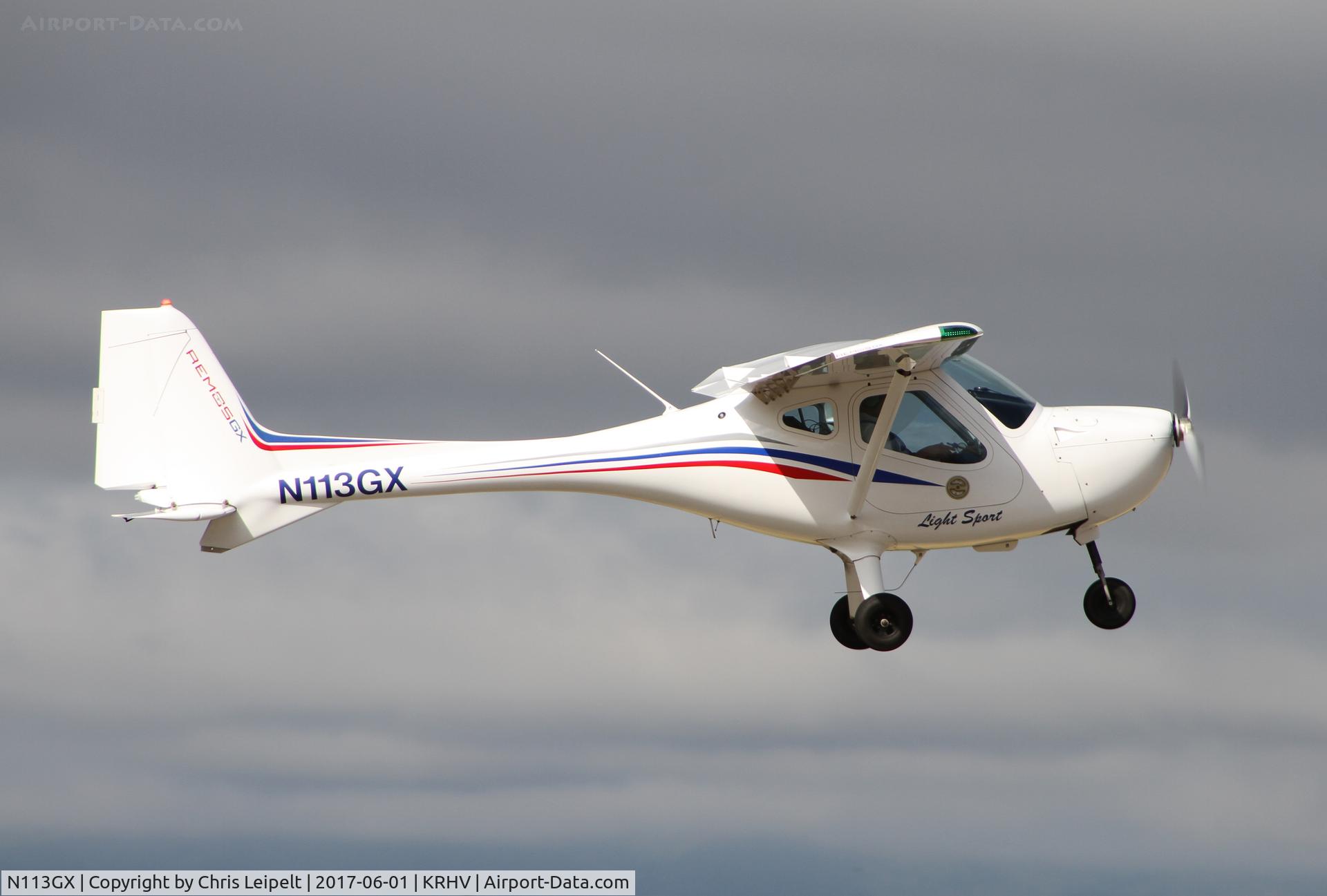 N113GX, Remos GX C/N 303, Locally based Remos GX departing in front of cloudy skies at Reid Hillview Airport, San Jose, CA.