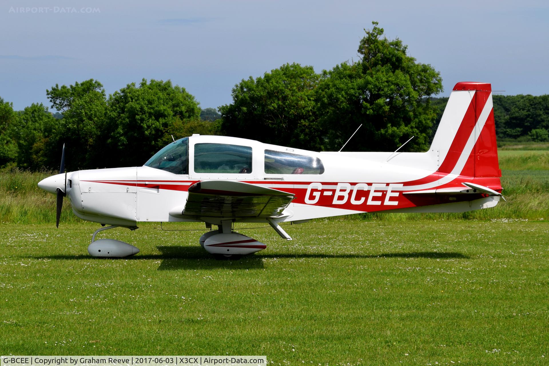 G-BCEE, 1974 Grumman American AA-5 Traveler C/N AA5-0571, Parked at Northrepps.