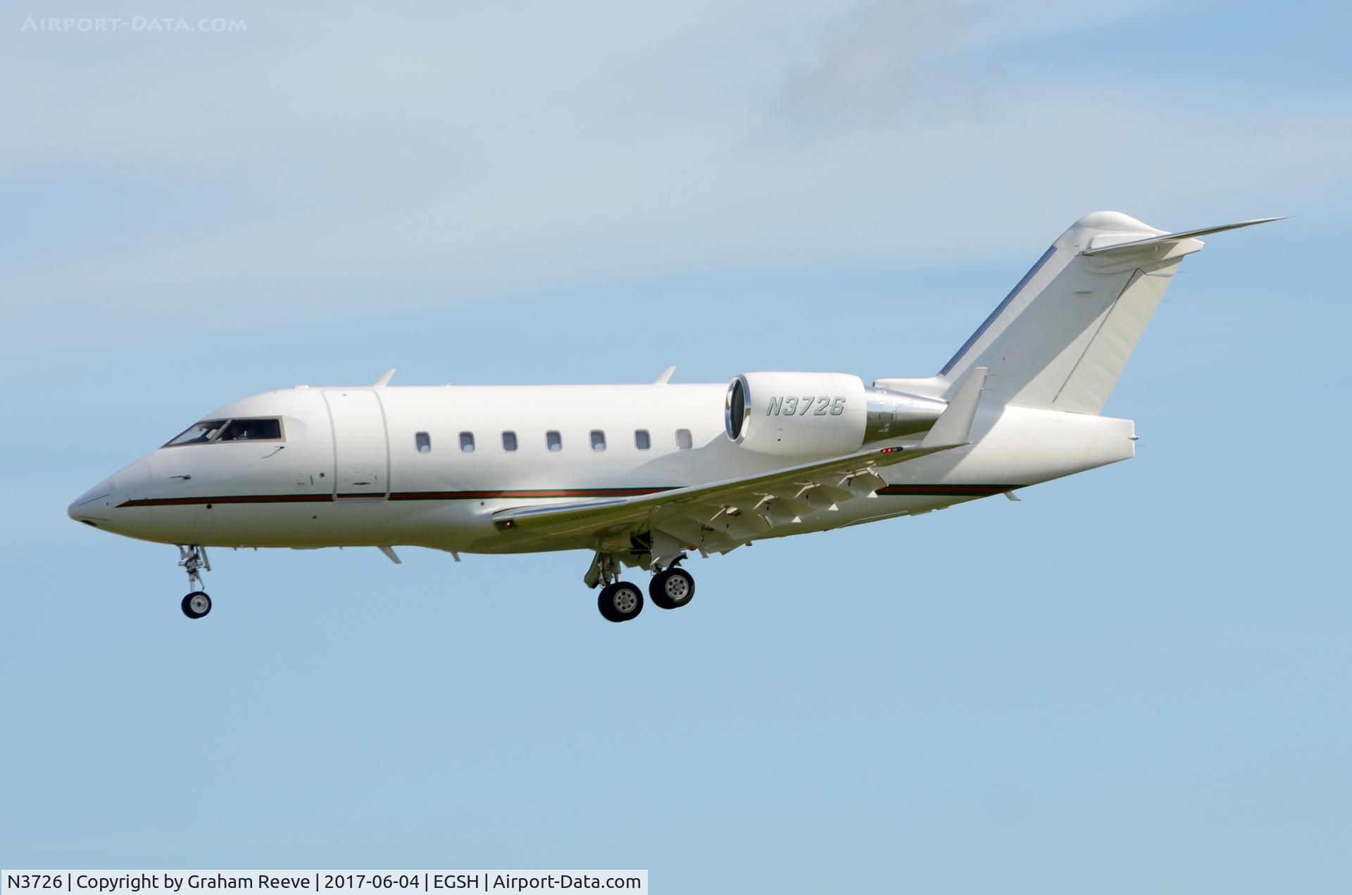 N3726, 1997 Canadair Challenger 604 (CL-600-2B16) C/N 5351, Landing at Norwich.