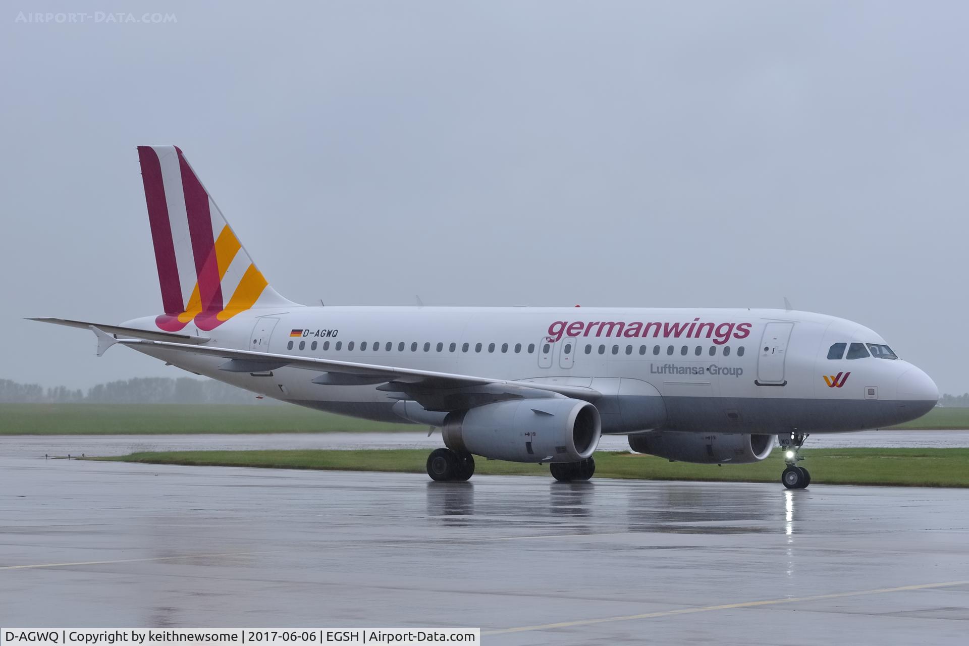 D-AGWQ, 2010 Airbus A319-132 C/N 4256, Arriving at a very wet Norwich.