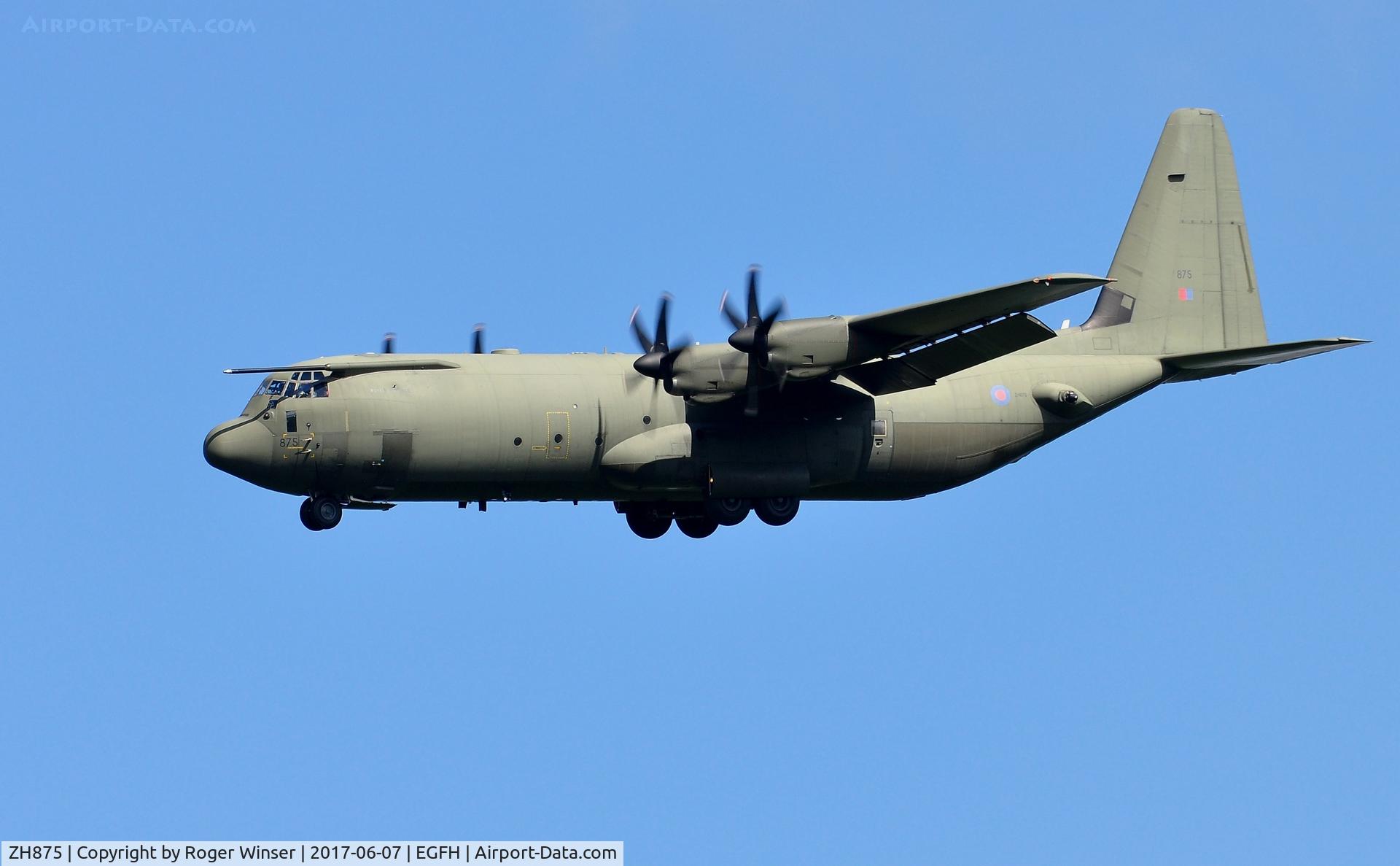 ZH875, 1998 Lockheed Martin C-130J-30 Super Hercules C4 C/N 382-5459, Omen 1. RAF Hercules C.4 aircraft coded 875 of the Brize Norton Transport Wing making a practice approach to Runway 22.