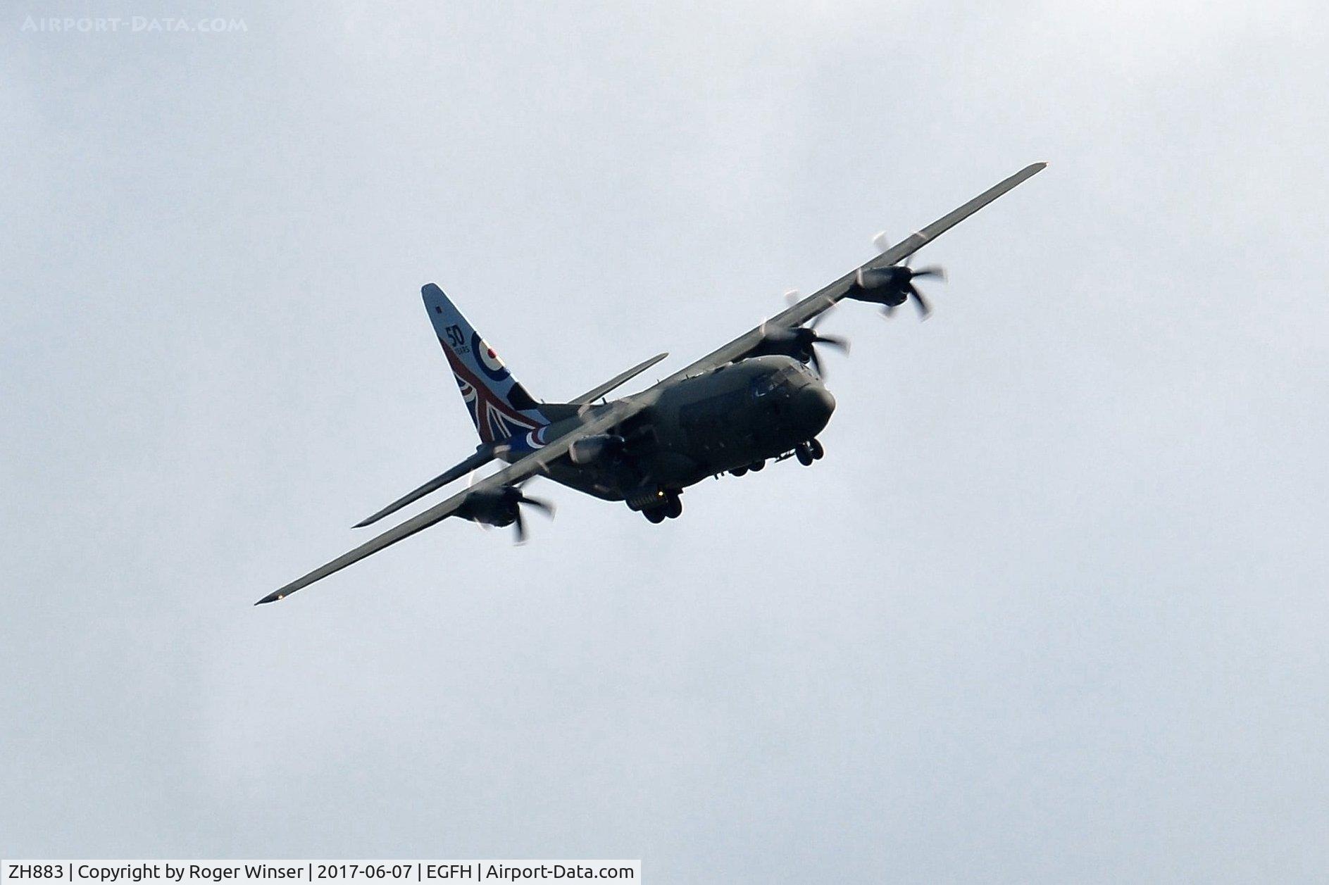 ZH883, 1999 Lockheed Martin C-130J Hercules C.5 C/N 382-5481, Omen 2. RAF Hercules C.5 aircraft coded 883 of the Brize Norton Transport Wing making a practice approach to Runway 22.