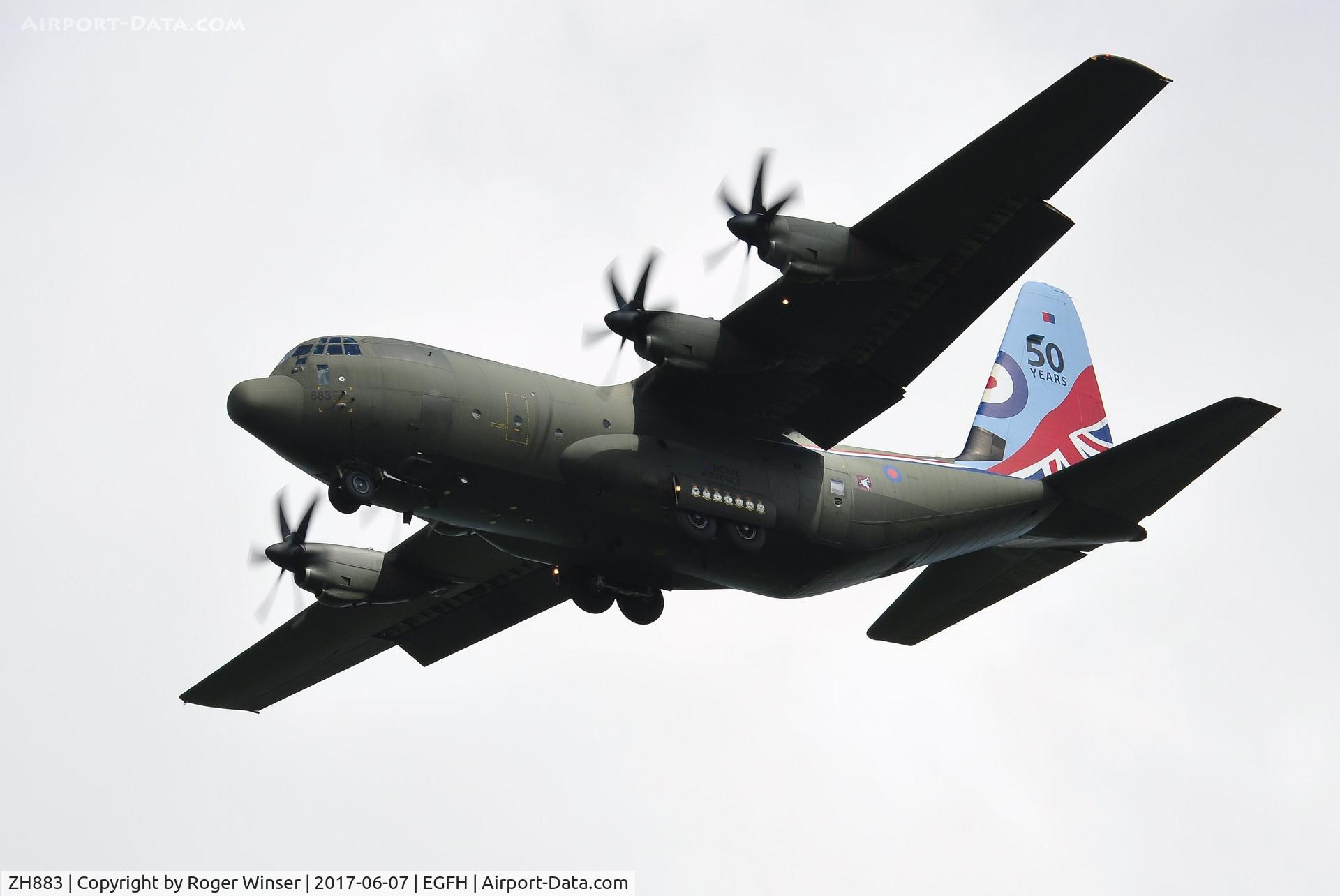 ZH883, 1999 Lockheed Martin C-130J Hercules C.5 C/N 382-5481, Omen 2 RAF Hercules C.5 aircraft coded 883 of the Brize Norton Transport Wing making a practice approach to Runway 22.