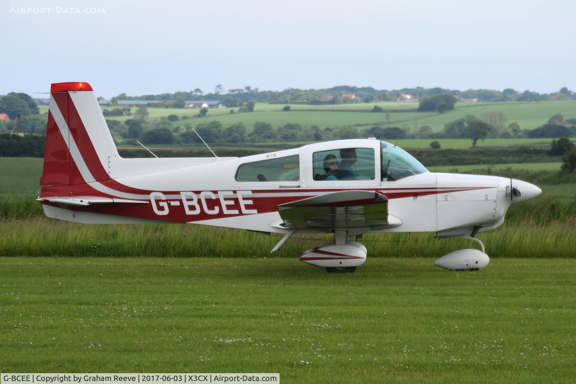 G-BCEE, 1974 Grumman American AA-5 Traveler C/N AA5-0571, Just landed at Northrepps.