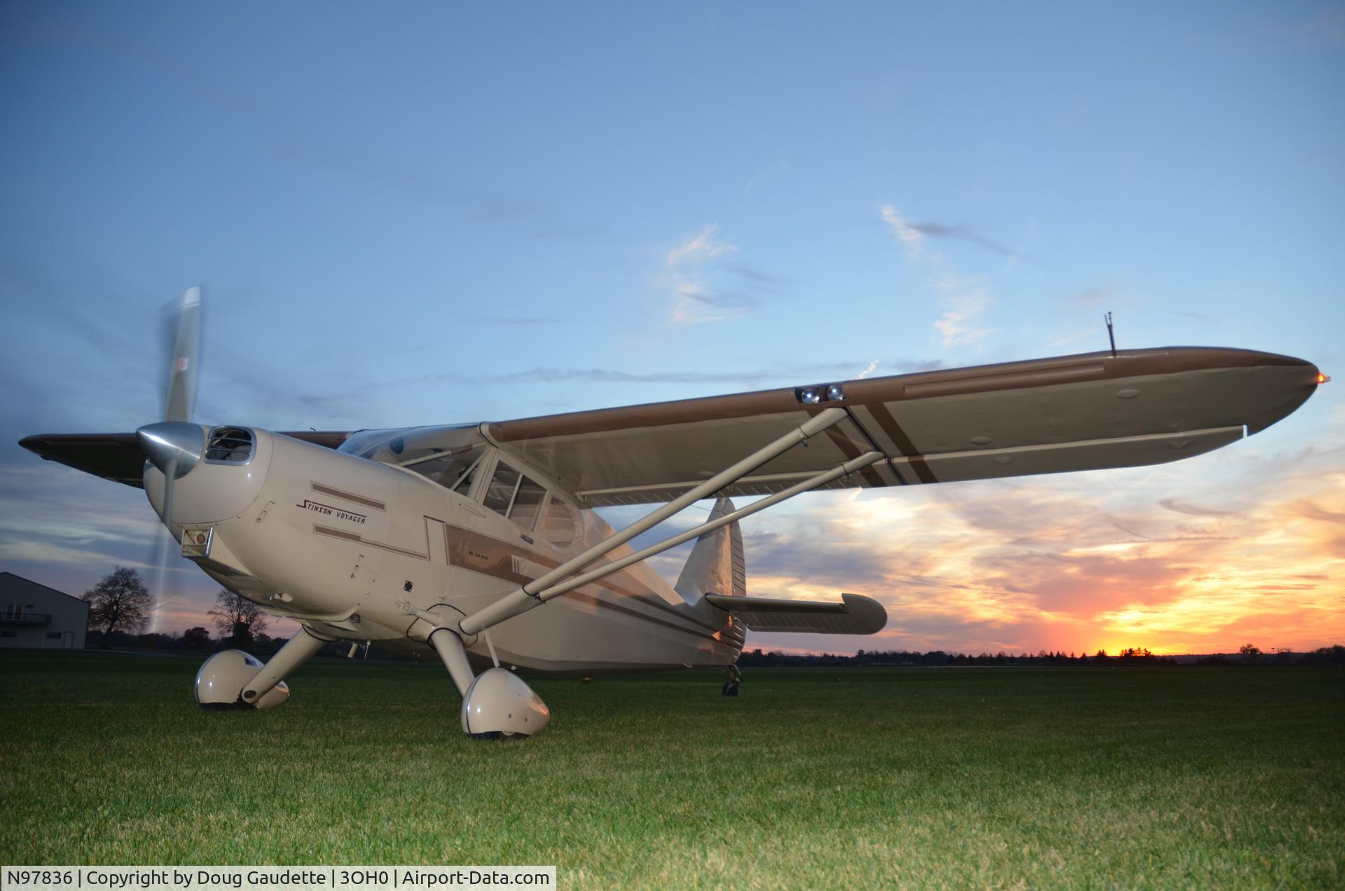 N97836, 1946 Stinson 108-1 Voyager C/N 108-836, Evening at New Carlisle's Andy Barnhart Memorial Airport