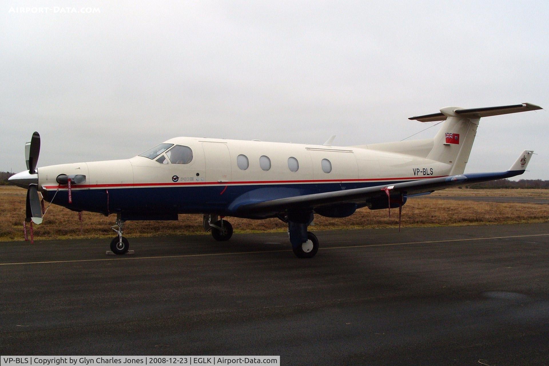 VP-BLS, 1997 Pilatus PC-12/45 C/N 176, Previously N176BS and HB-FSL. Parked down the far west end of Blackbushe. Had to walk through bramble and gorse bushes to get this photo. Front view.