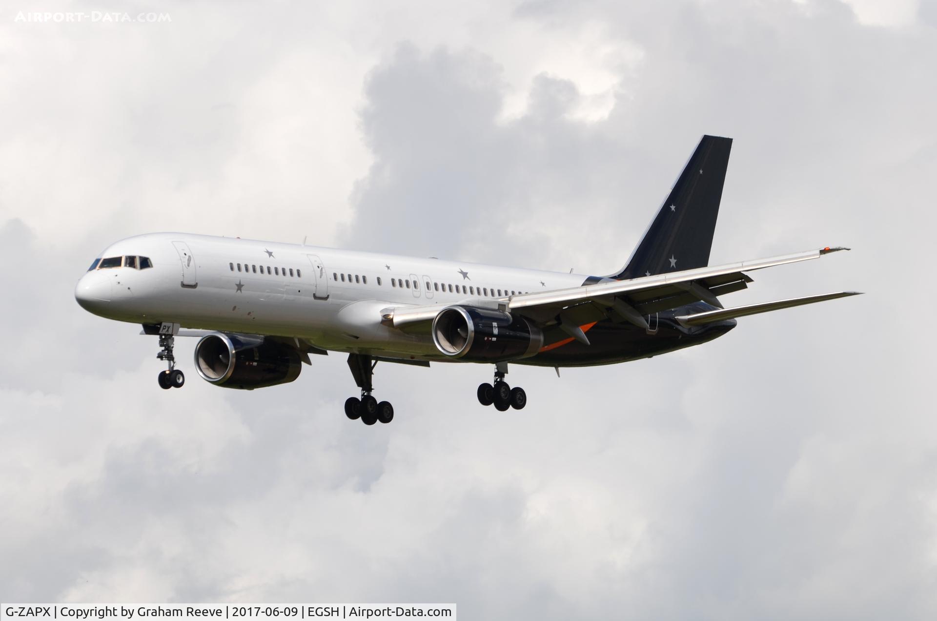 G-ZAPX, 2000 Boeing 757-256 C/N 29309, Landing at Norwich.