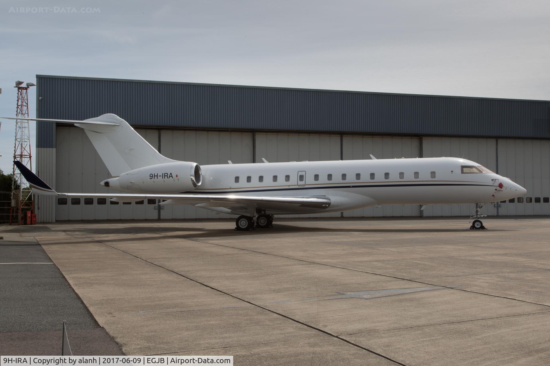 9H-IRA, 2008 Bombardier BD-700 1A10 Global Express C/N 9319, Parked at the Aigle hangar, Guernsey