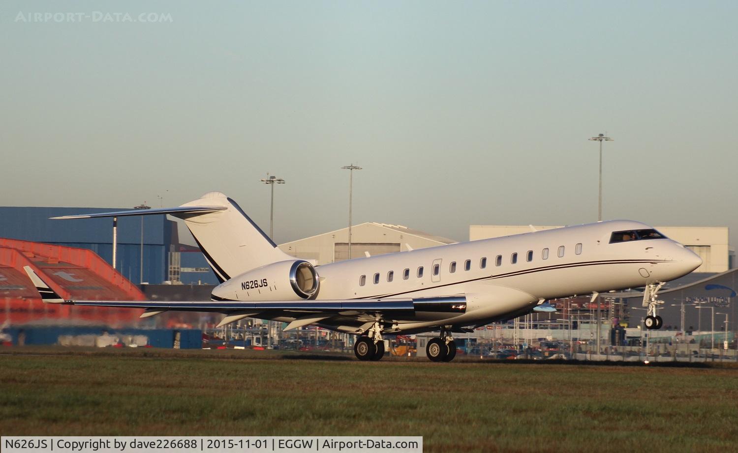 N626JS, 2013 Bombardier BD-700-1A10 Global 6000 C/N 9599, N626JS taking off from London Luton