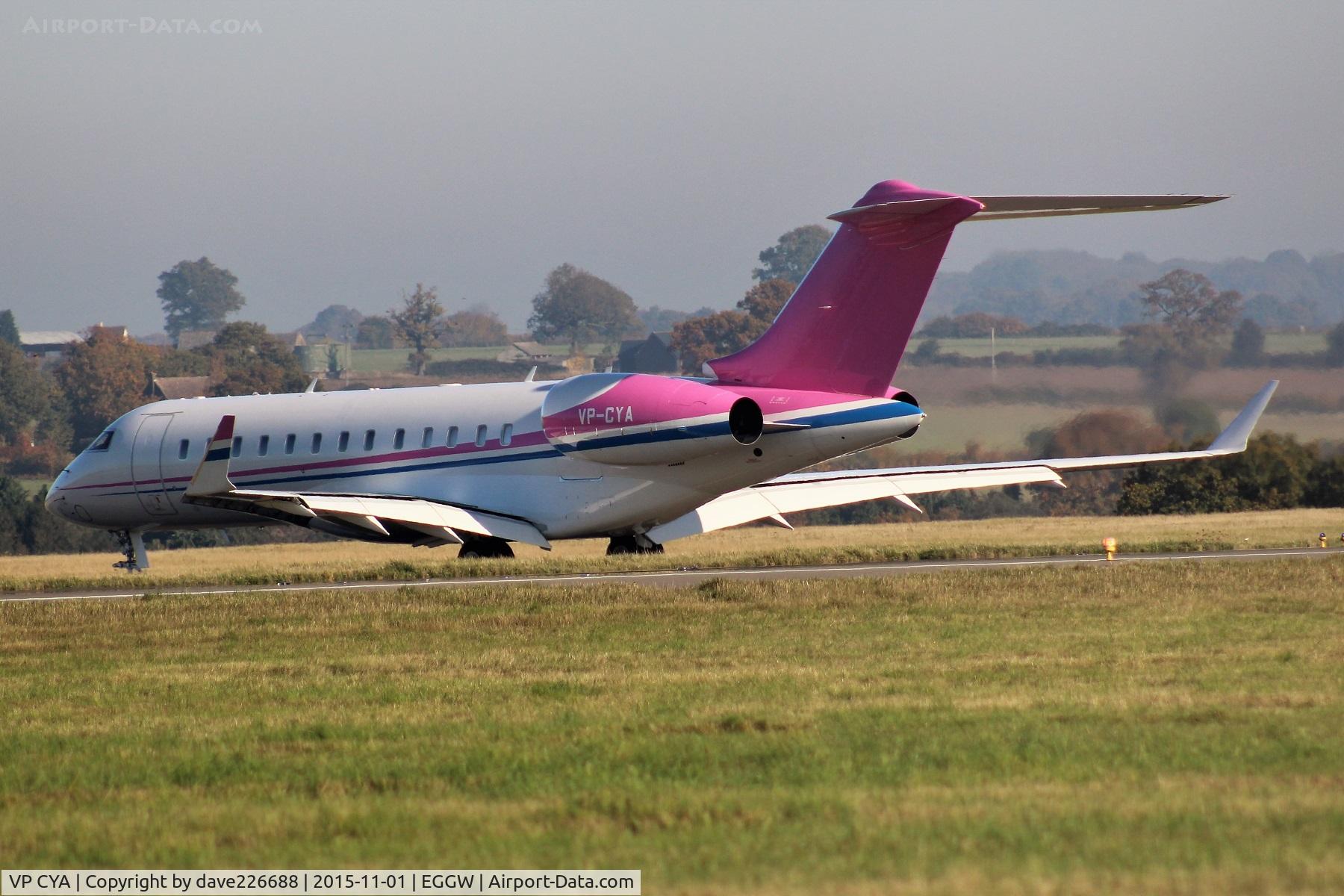 VP CYA, 2015 Bombardier BD-700-1A10 Global 6000 C/N 9628, VP CYA taxi to terminal after landing on 08 at London Luton