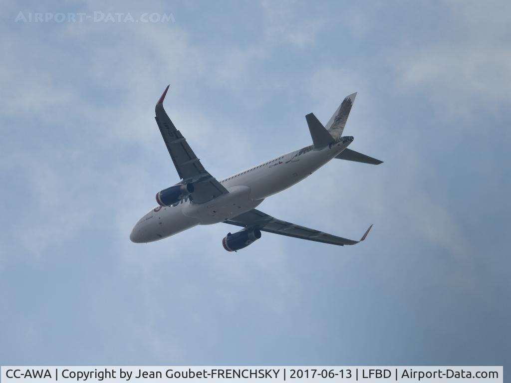 CC-AWA, 2017 Airbus A320-232 C/N 7595, 1st A320 painted in BOD, after take off runway 05 passing 4500ft, sorry backlight....