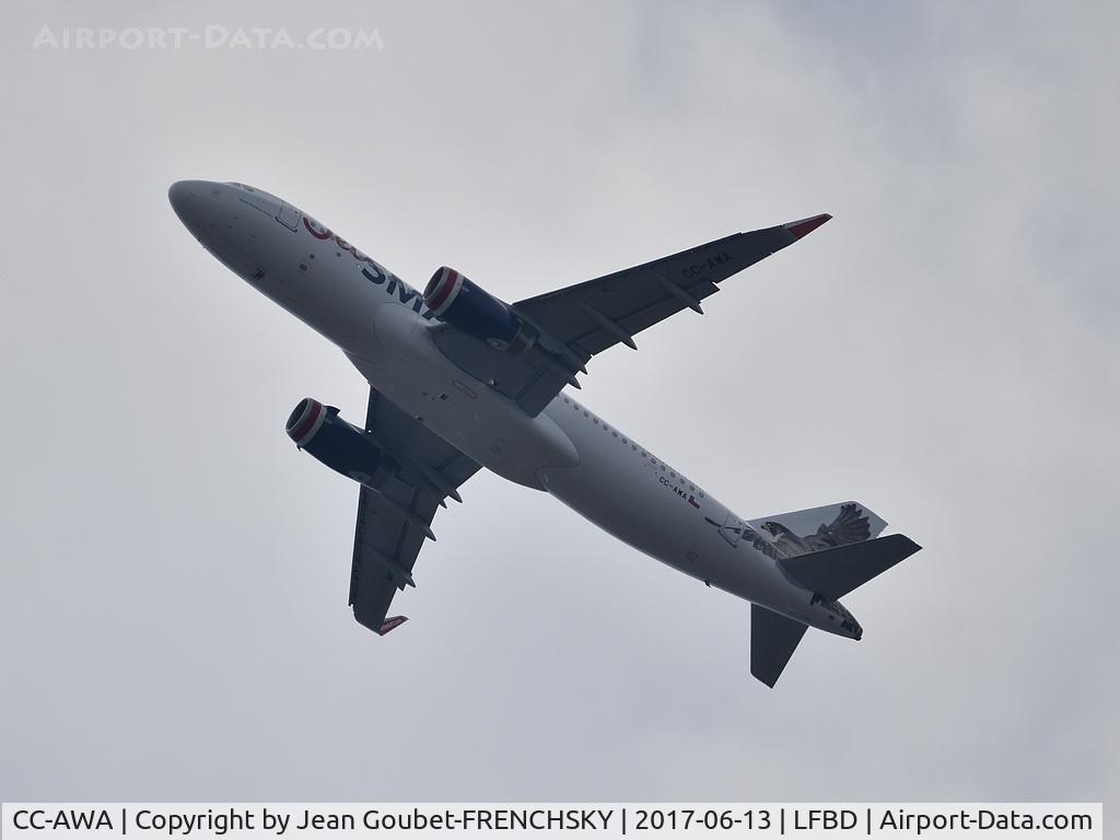 CC-AWA, 2017 Airbus A320-232 C/N 7595, 1st A320 painted in BOD, after take off runway 05 passing 4500ft, sorry backlight....