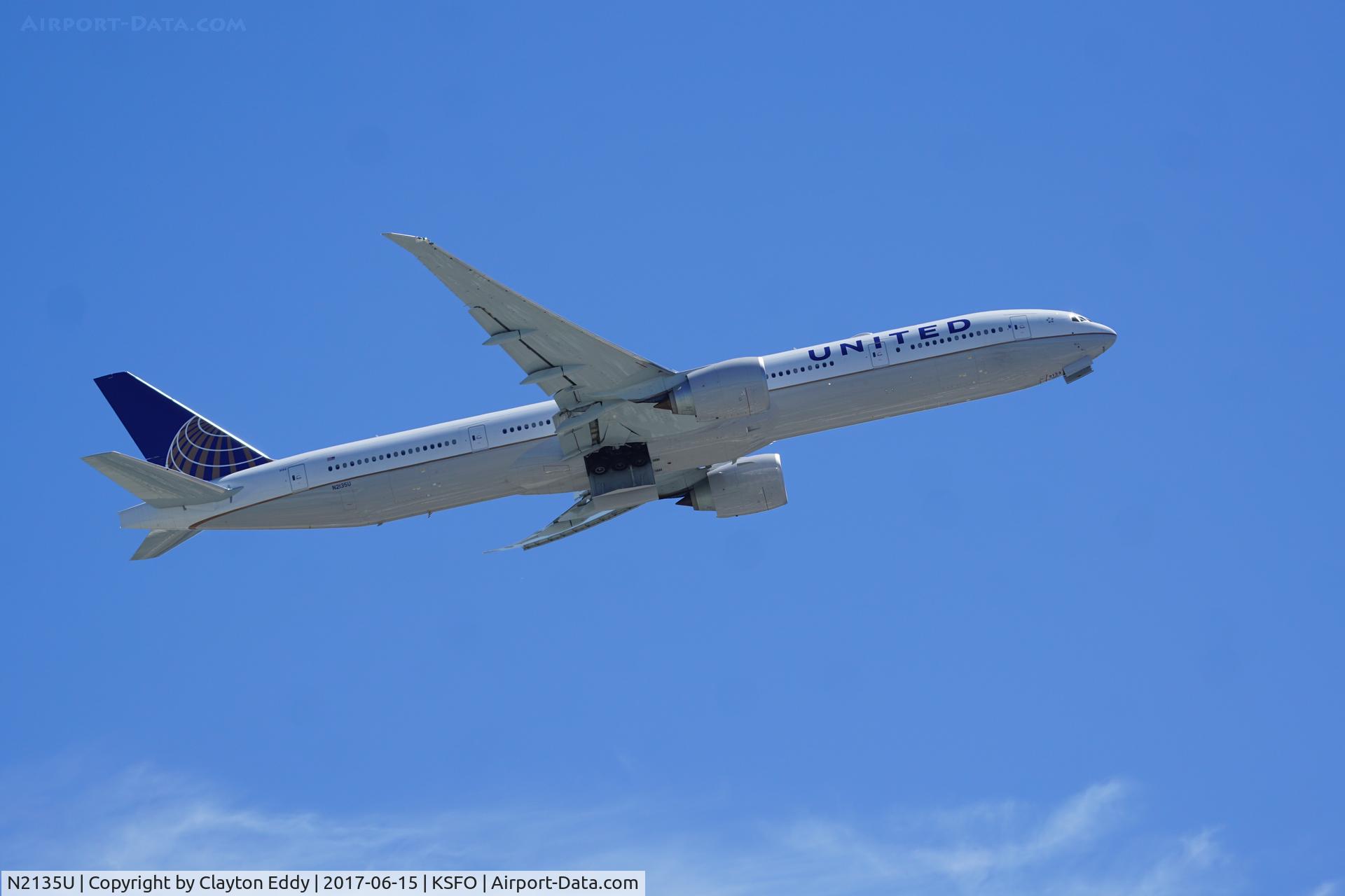 N2135U, 2017 Boeing 777-300/ER C/N 62646, Departing runway 28R at SFO. 2017.