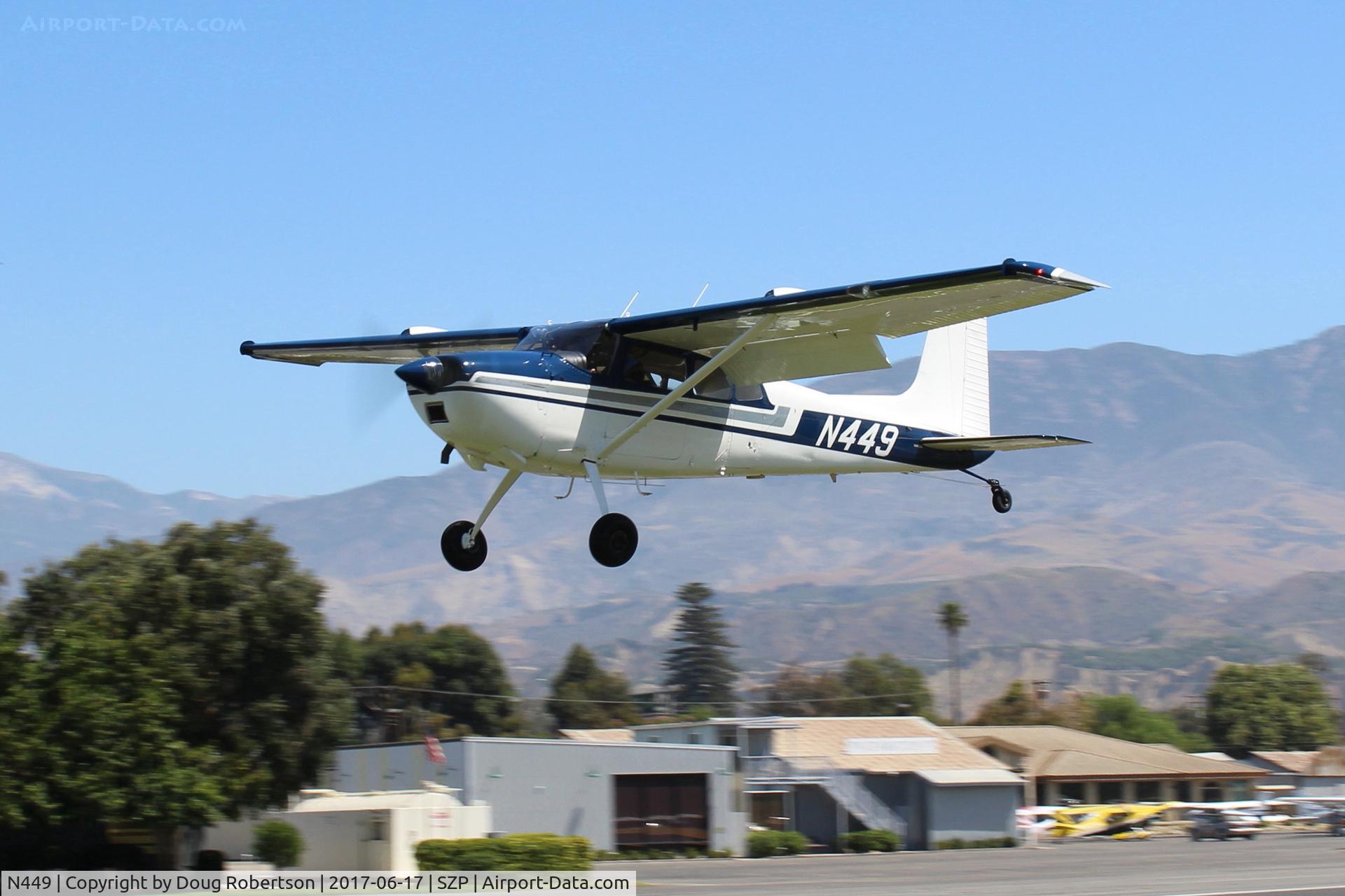 N449, 1969 Cessna 180H Skywagon C/N 18052100, 1969 Cessna 180H SKYWAGON, Continental O-470-A 225 Hp, first year of SKYWAGON production, on final with flaps for Rwy 22L grass