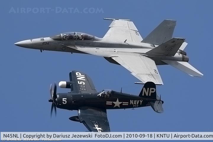 N45NL, 1951 Vought F4U-5NL Corsair C/N 124692, Chance Vought F4U-5NL Corsair NX45NL and F/A-18 Super Hornet in Navy legacy Flight