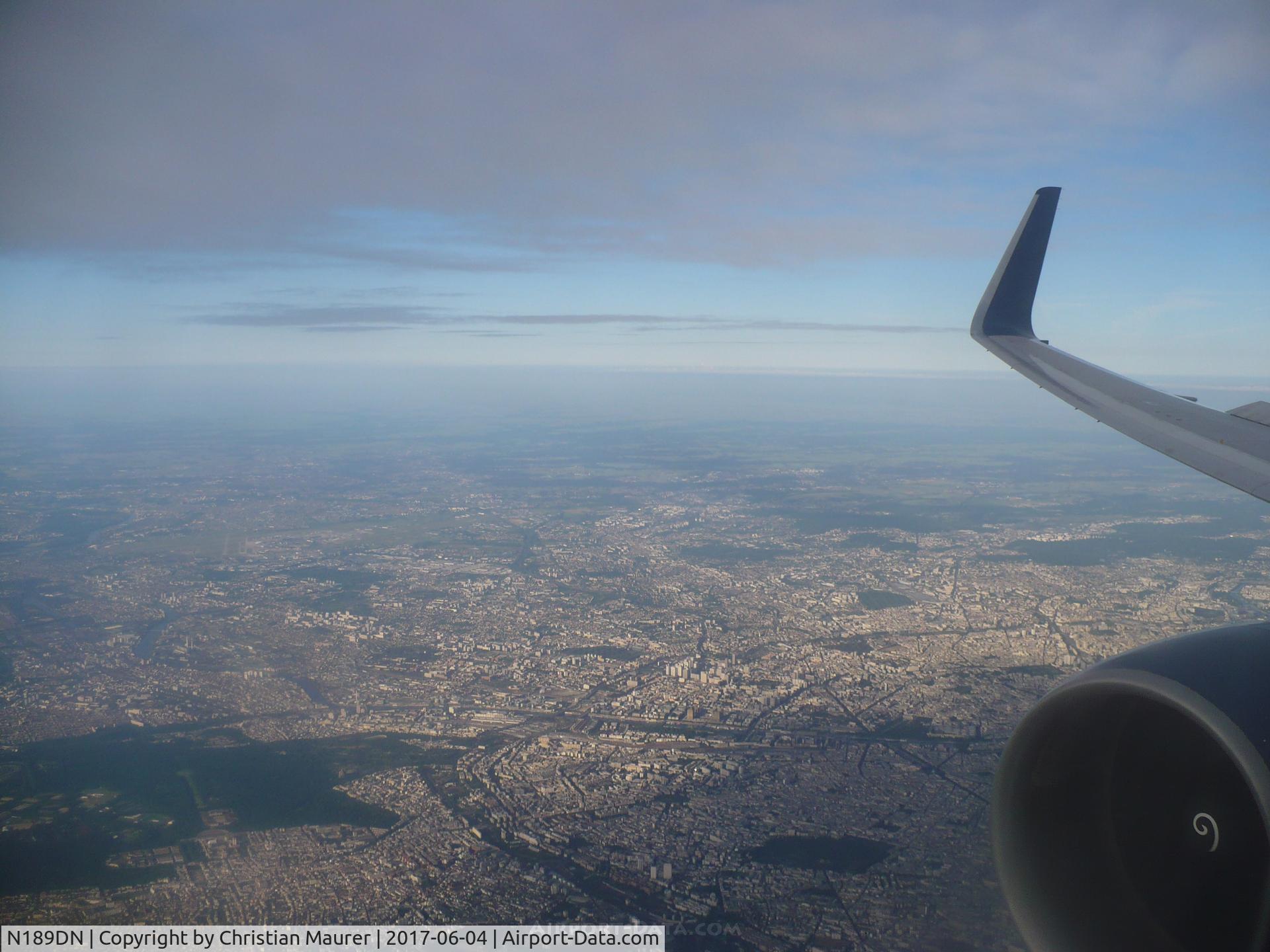N189DN, 1996 Boeing 767-332 C/N 25990, In flight CVG - CDG Delta flight 228 over Paris